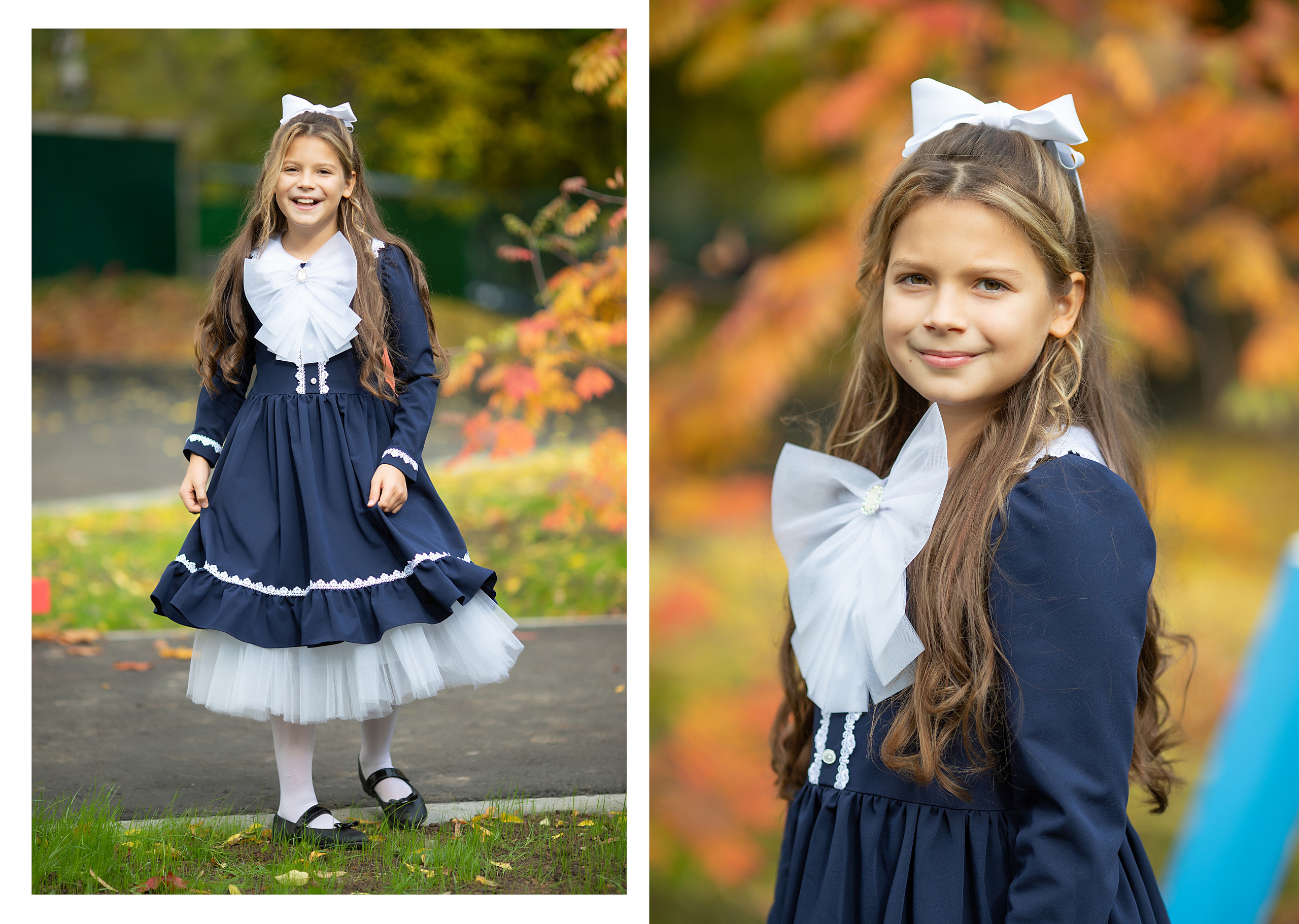 Школьница на фотосессии для выпускного альбома осенью на улице