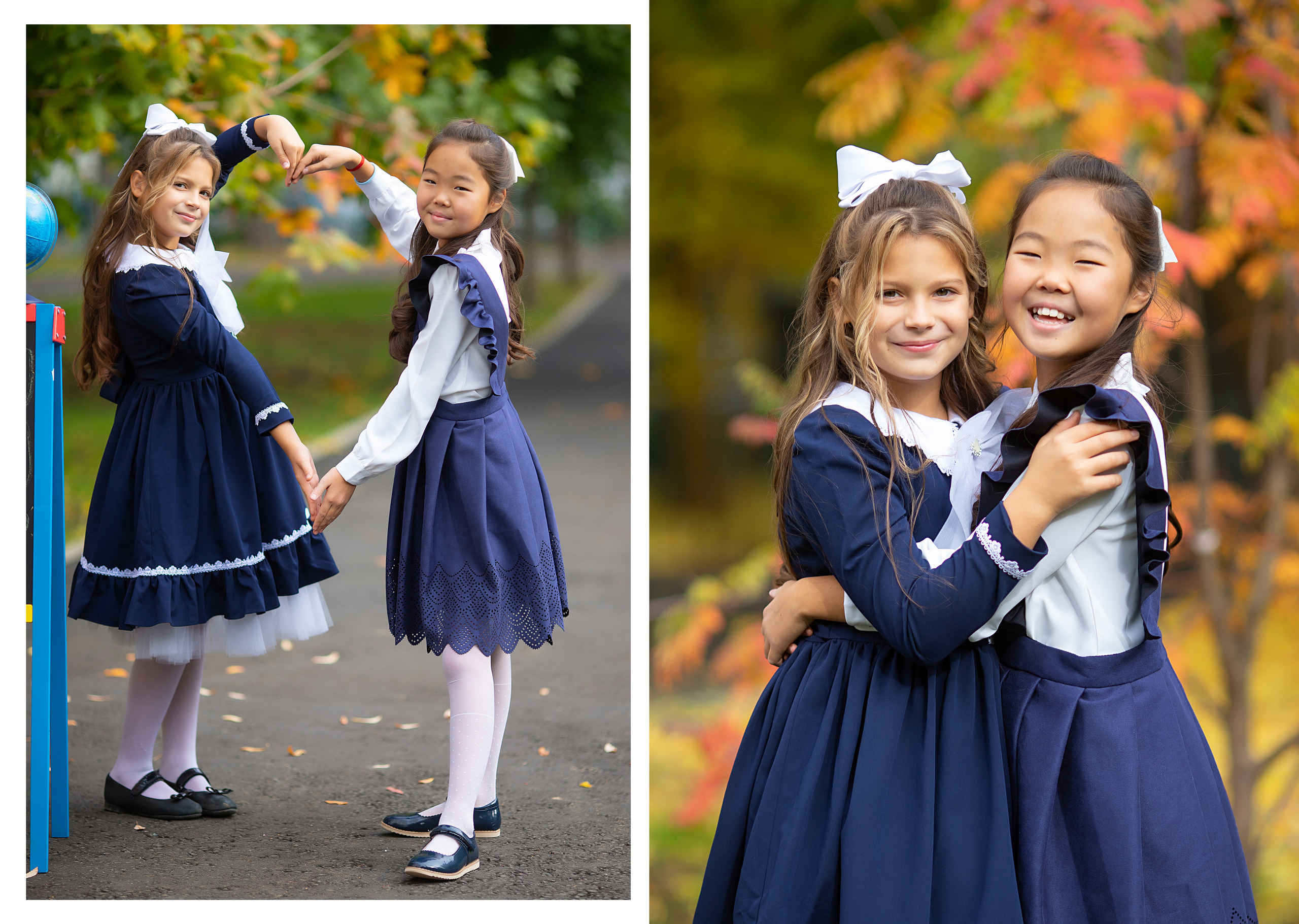 Подружки в форме на осенней фотосессии для выпускного альбома 4 класса