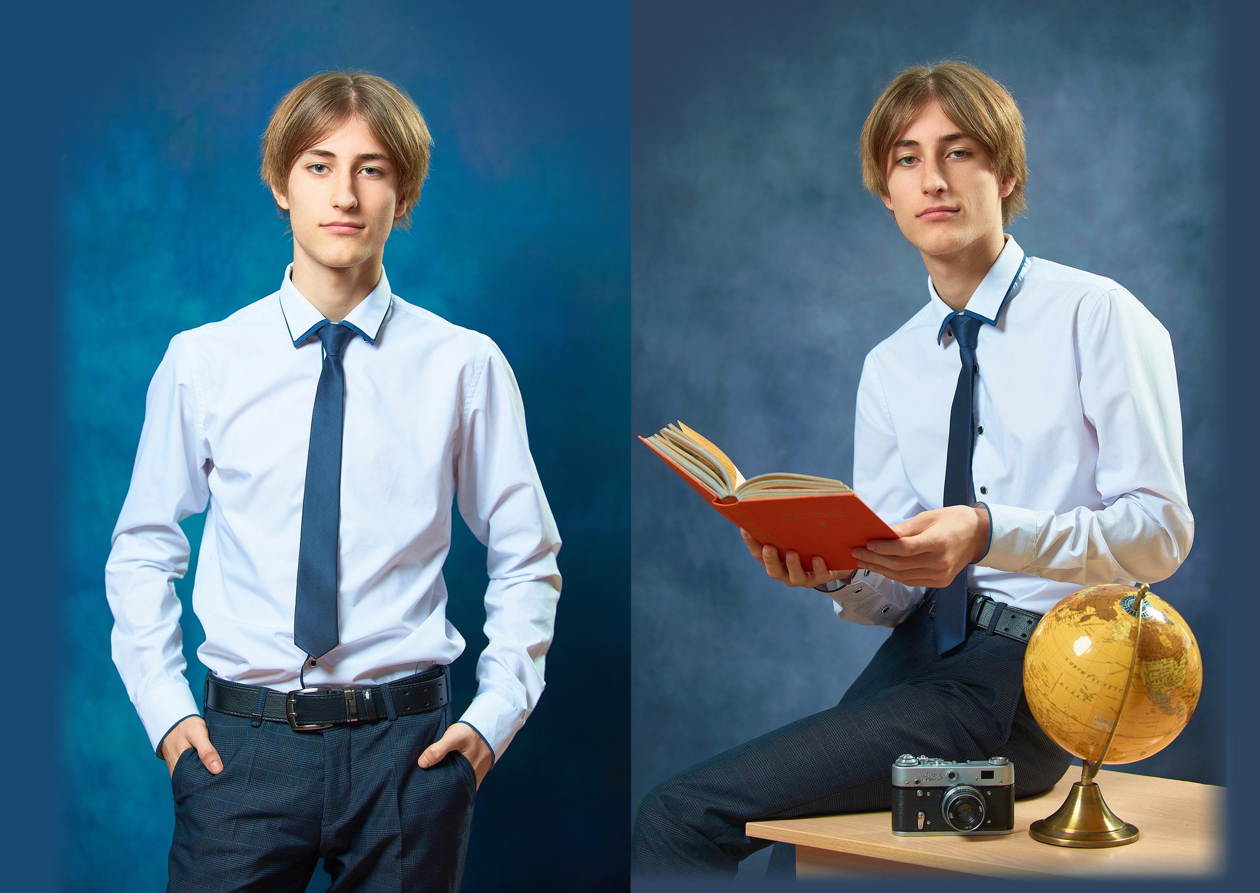 Портретный разворот фотокниги для выпускника старших классов для парня, выпускник сфотографирован на синем фоне батик, на столе композиция на тему школа.