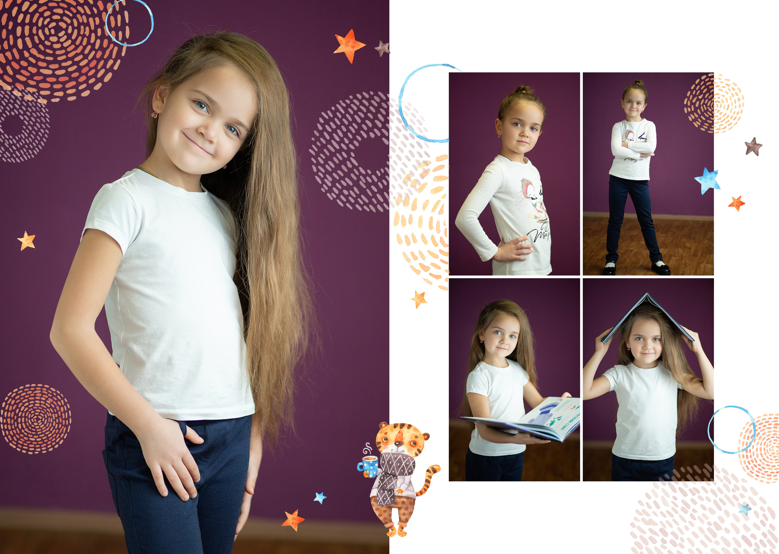 фотосессия для выпускников детского сада на сиреневом фоне с дизайном круги