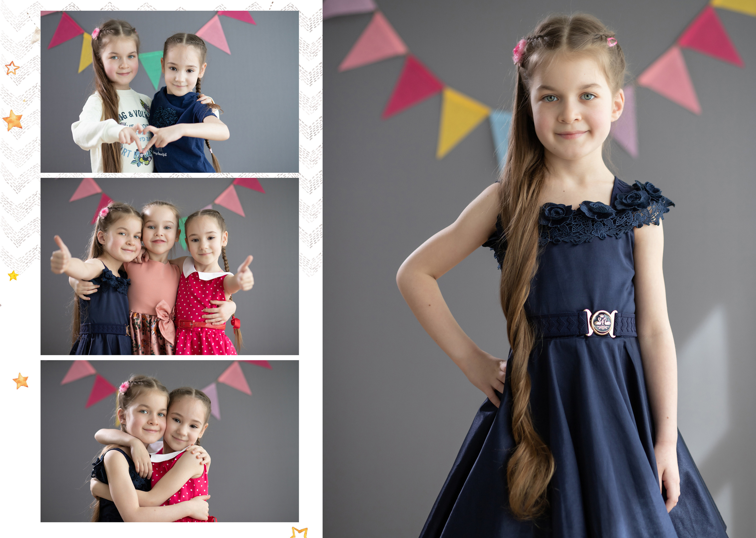 Портрет девочки и фотографии с друзьями в детском саду