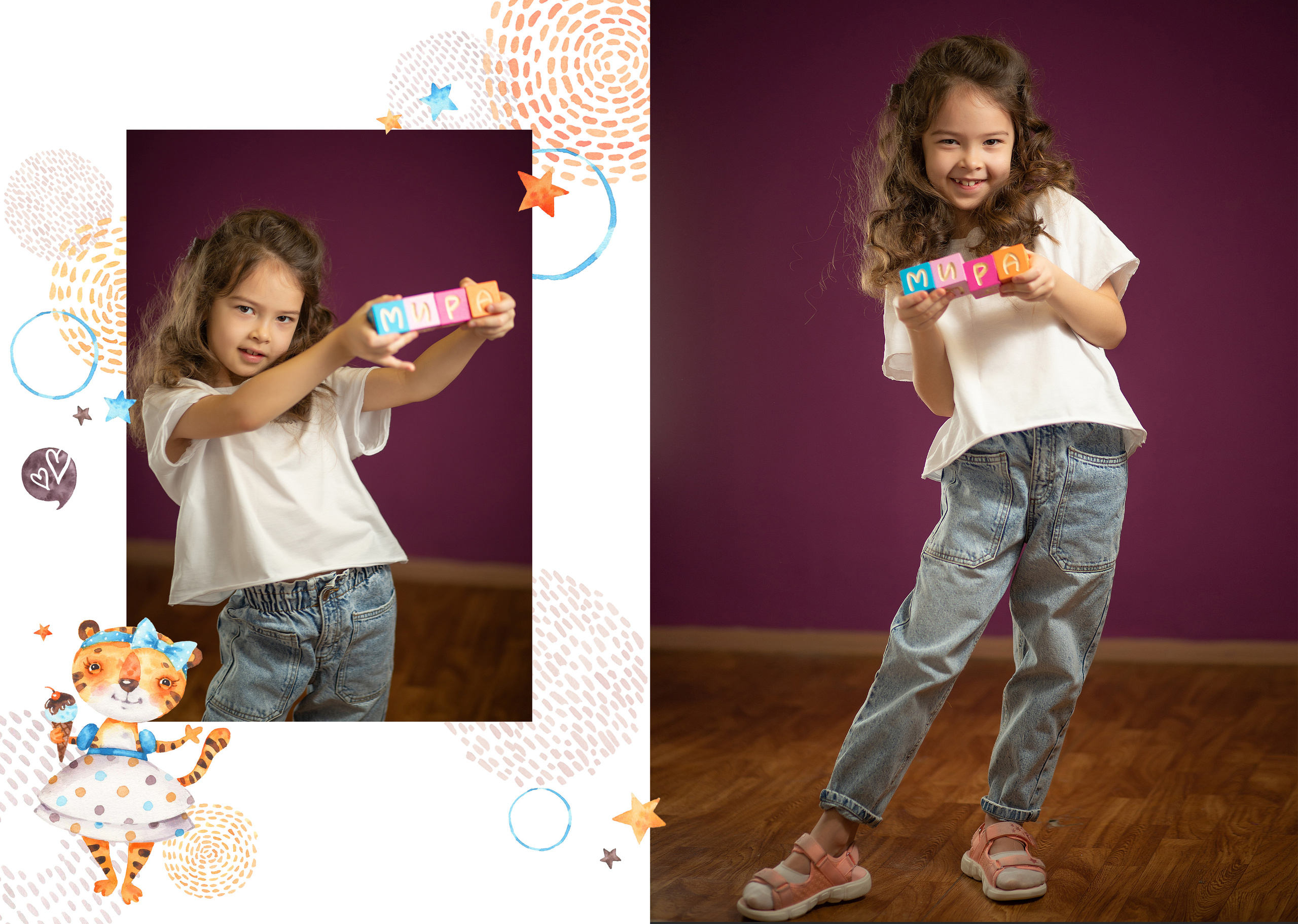 пример разворота альбома для детского сада с девочкой на сиреневом фоне