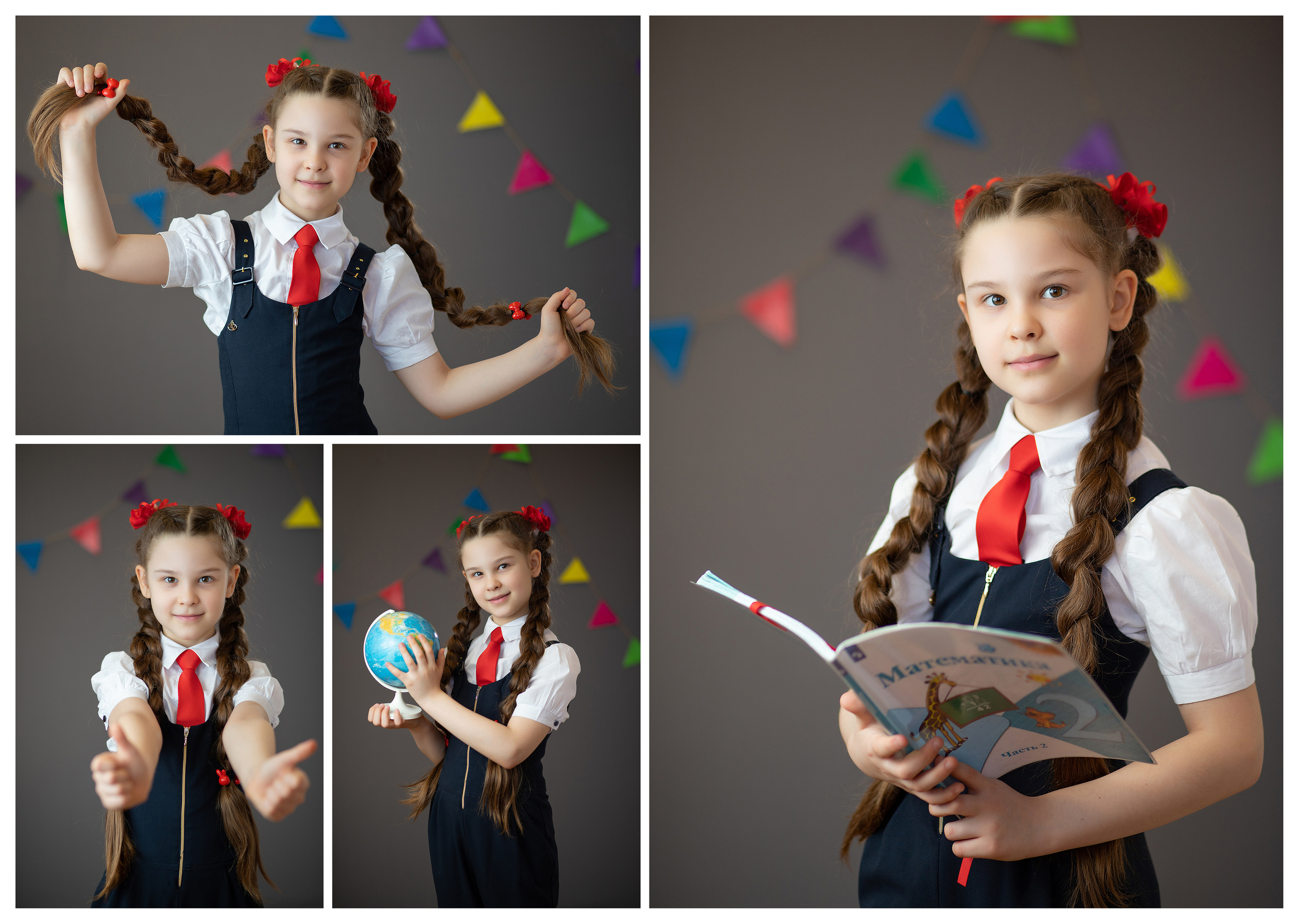 Девочка с длинными косичками на фотографиях для выпускного альбома