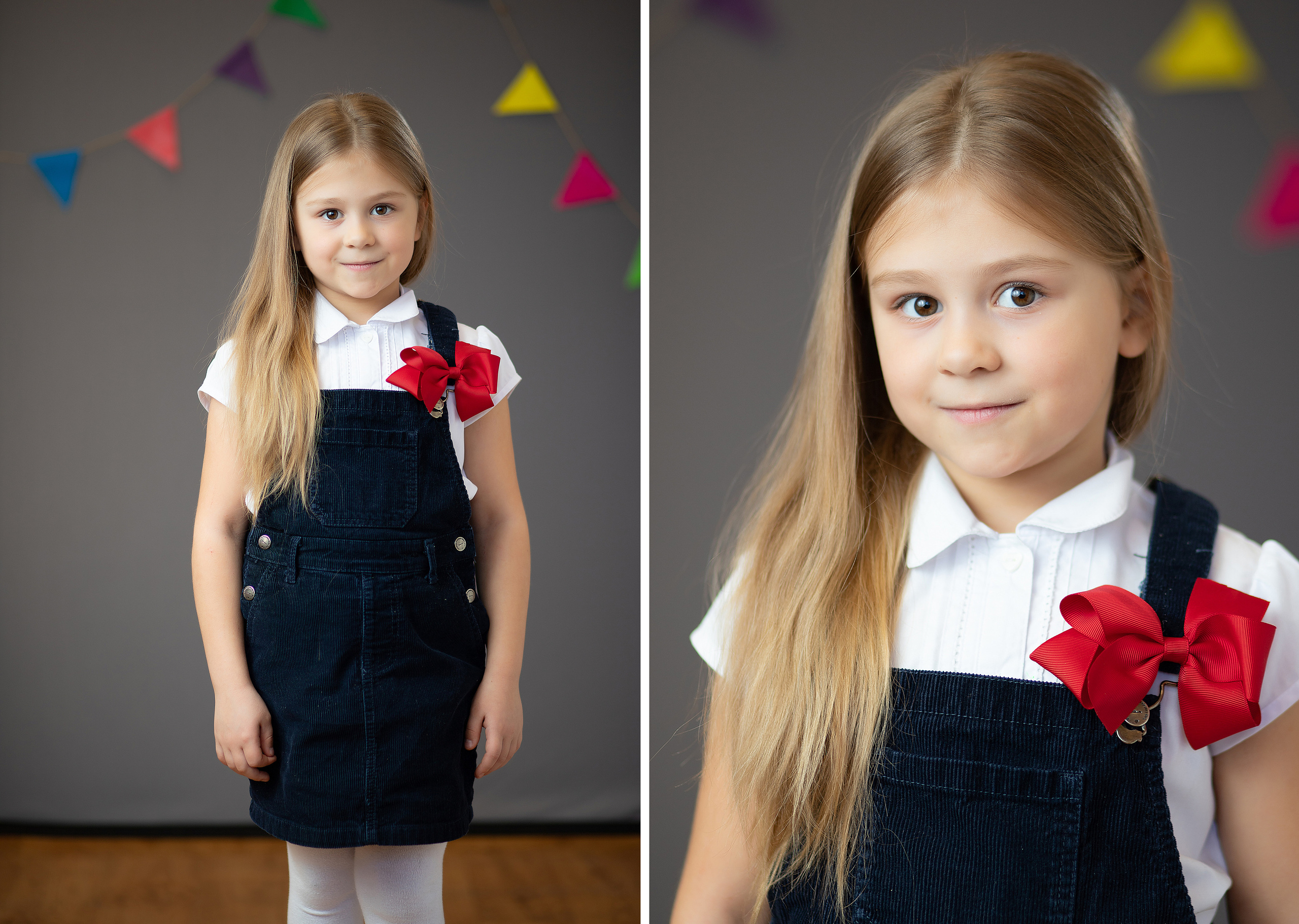 Первоклассница на фотосессии для фотоальбома