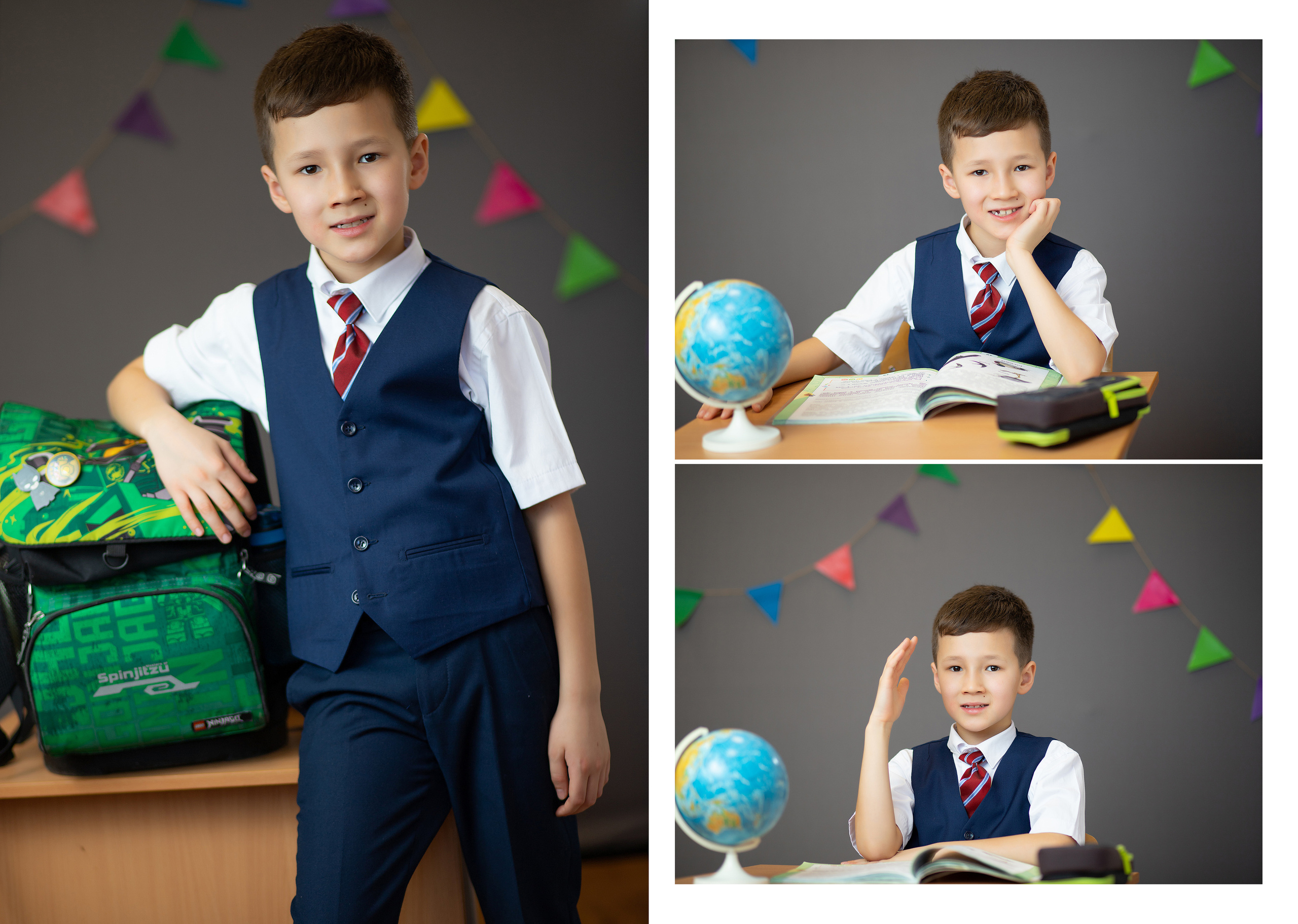 Первоклассник за партой на школьной фотосессии для фотокниги