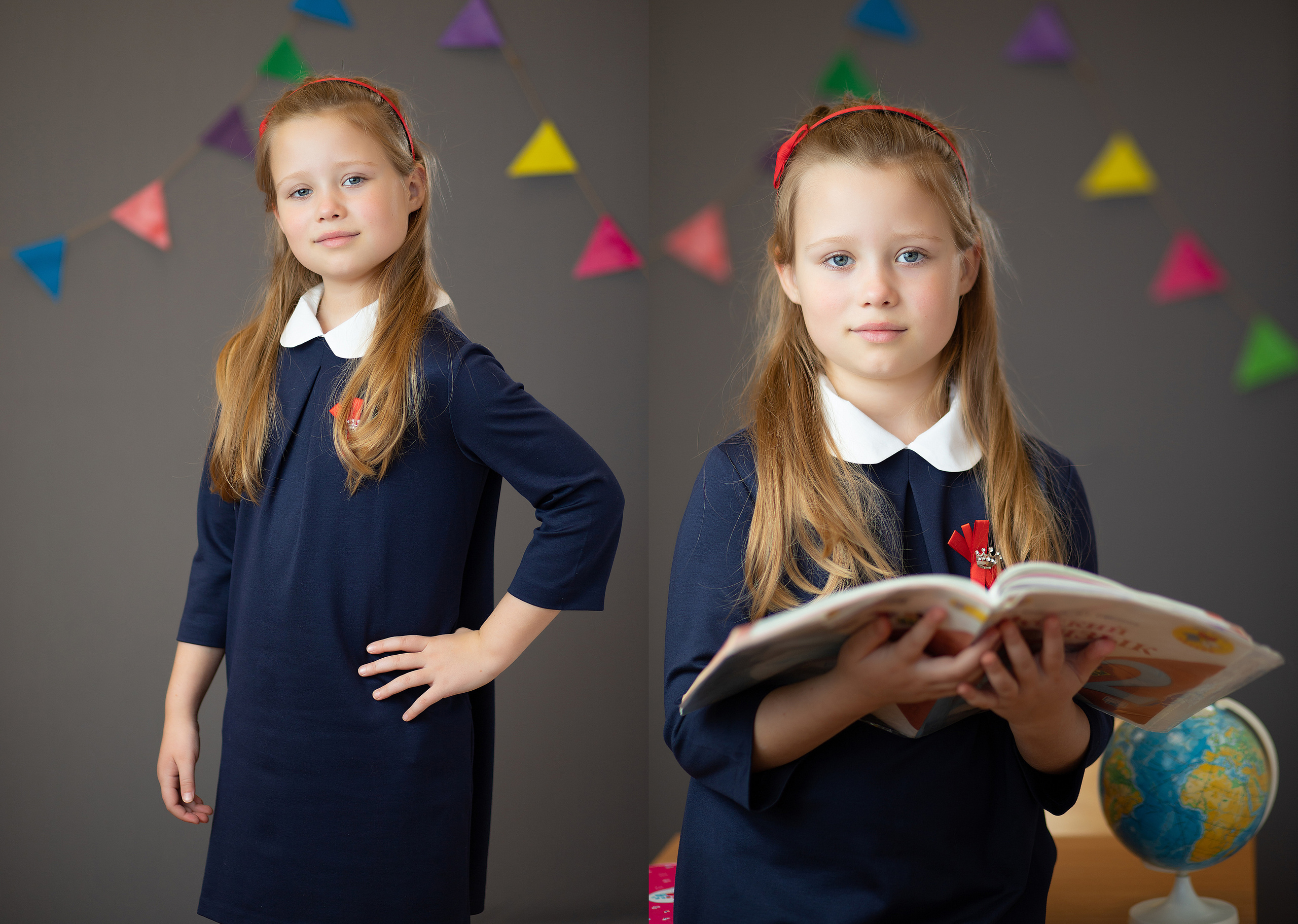 Первоклассница на фотосессии в классе на сером фоне