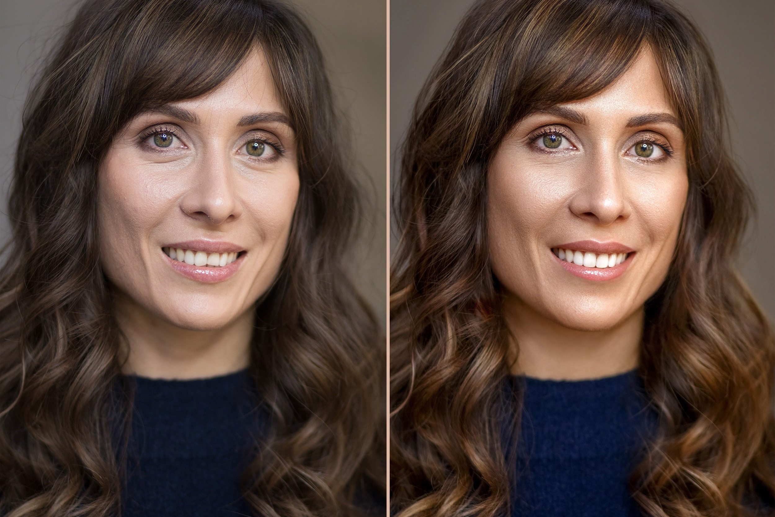 Before and after headshot retouching showcasing professional editing techniques, including skin smoothing, wrinkle reduction, and color correction for a polished yet natural look. High-quality retouching for business portraits and professional headshots. Related to Colorify Retouch's headshot retouching services