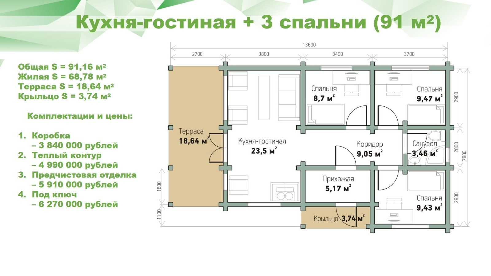 Студия + 3 спальни 91 м². Уральский завод Профилированного бруса в Челябинске