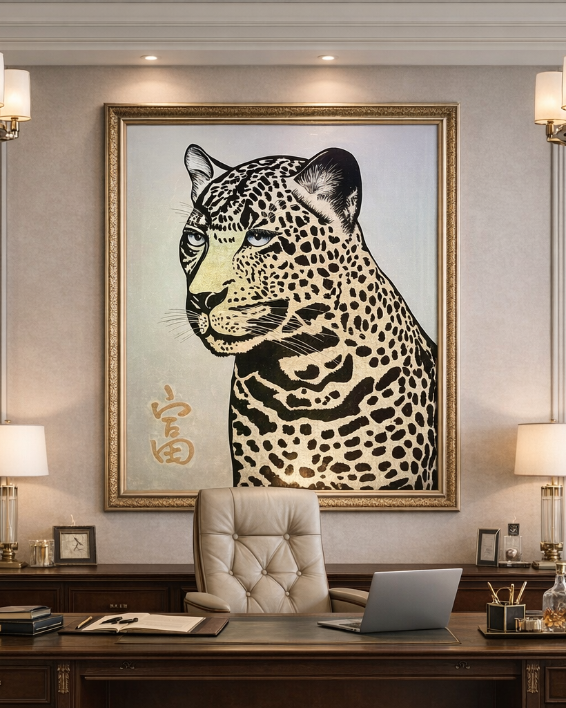 картина леопард, леопард с кодом богатства, картина для кабинета руководителя, luxury картина, картина для офиса, элитный декор, картина с поталью платина, символ успеха, финансовый символ, интерьерная картина, premium wall art.