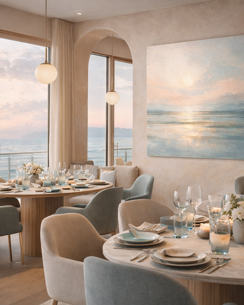 Авторская абстрактная картина «Рассвет» в светлом интерьере, художественное полотно с мягкой цветовой градацией, передающее ощущение начала, света и обновления.Abstract artwork “Dawn” displayed in a modern interior, contemporary painting symbolizing light, renewal and the beginning of a new day.