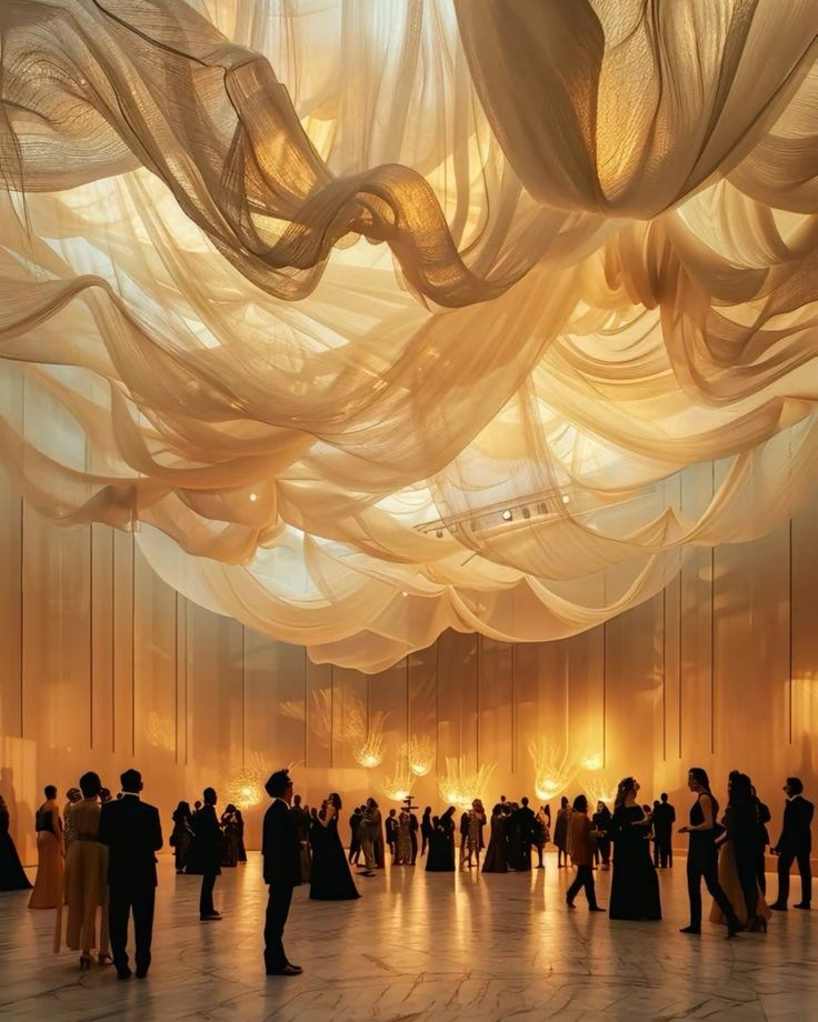 Большой светлый зал с тканевым потолком и тёплым светом, в котором находятся много людей