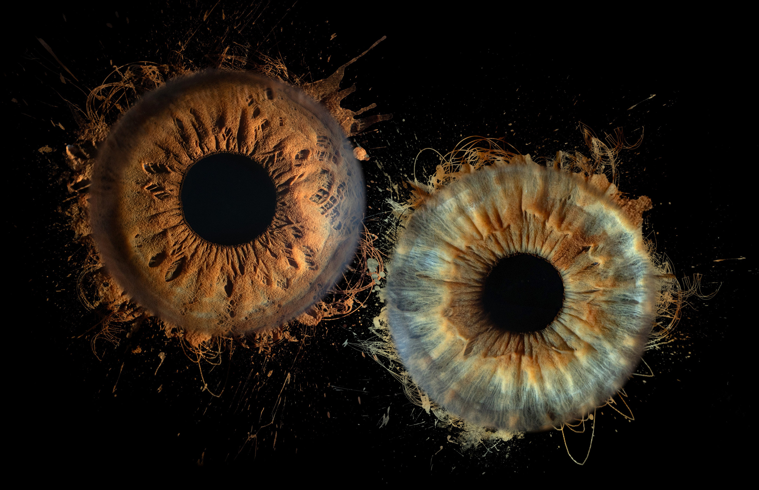 Радужка глаза в стилизованном взрыве красок: энергетические брызги, летящие частицы и эффект движения. Яркие акценты и цифровая живопись превращают узоры радужек в абстрактный арт.