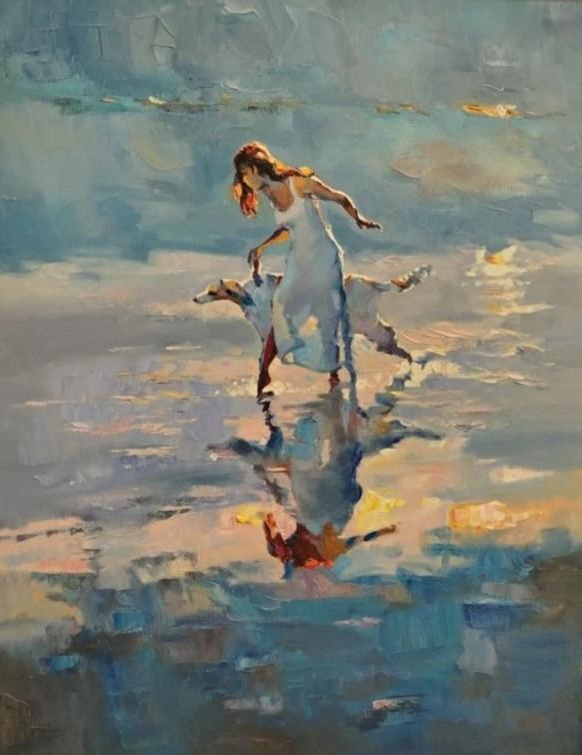 Река, пейзаж, воздух, девочка, собака