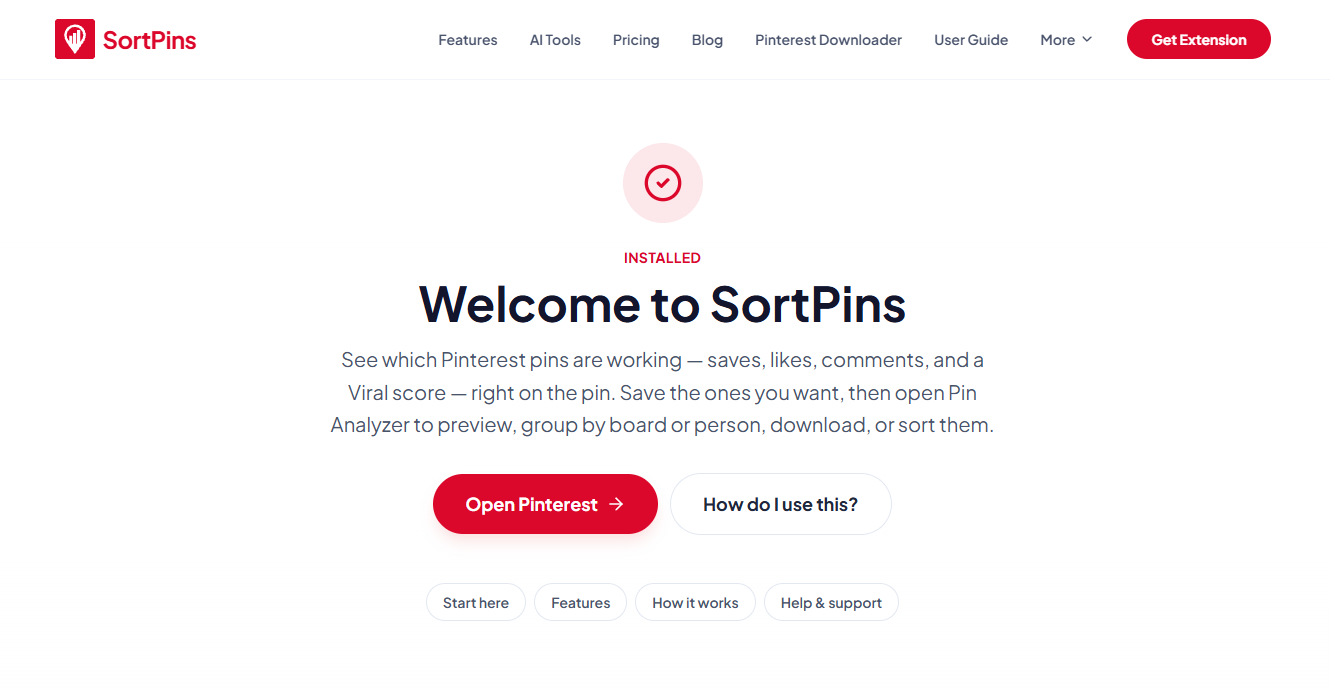 Стартовая страница сайта SortPins с описанием статистики пинов и кнопками Open Pinterest и How do I use this?