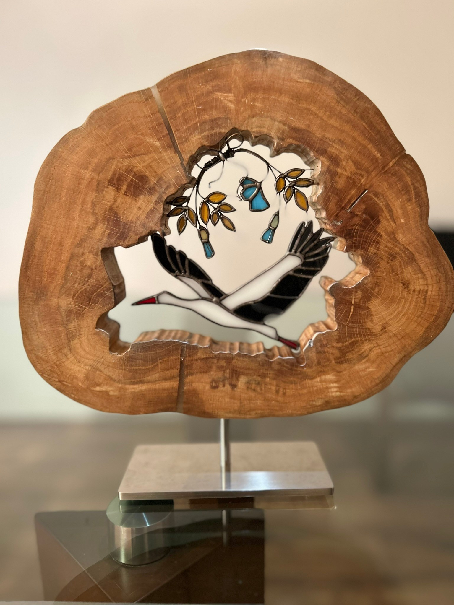 Аист - витражное стекло в технике Тиффани