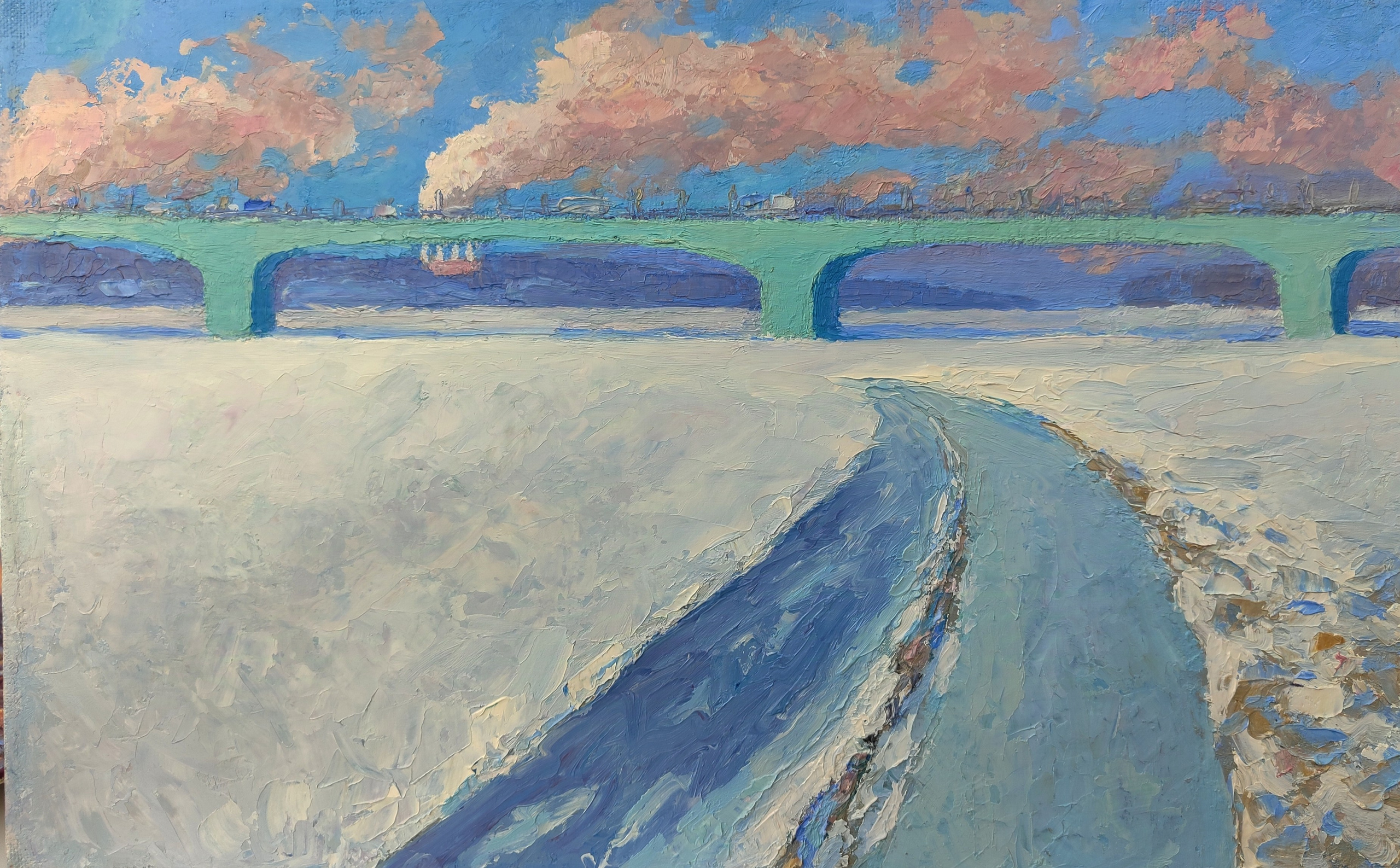 Первые морозы в городе, замерзшая река, мост и дым из труб - современная живопись маслом 