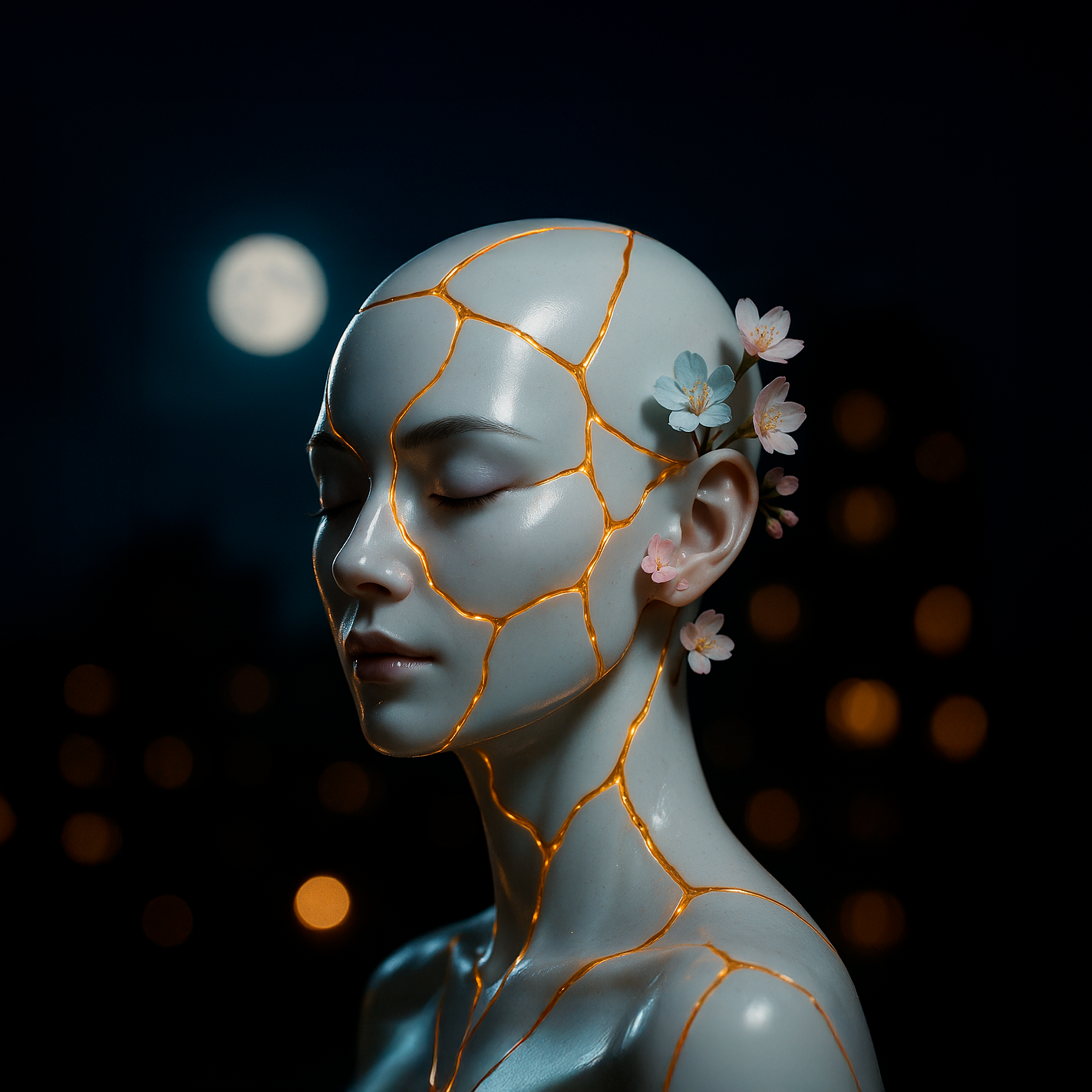 Ночной портрет с кинцуги: золотые швы на лице и нежные цветы, сзади луна и огни домов