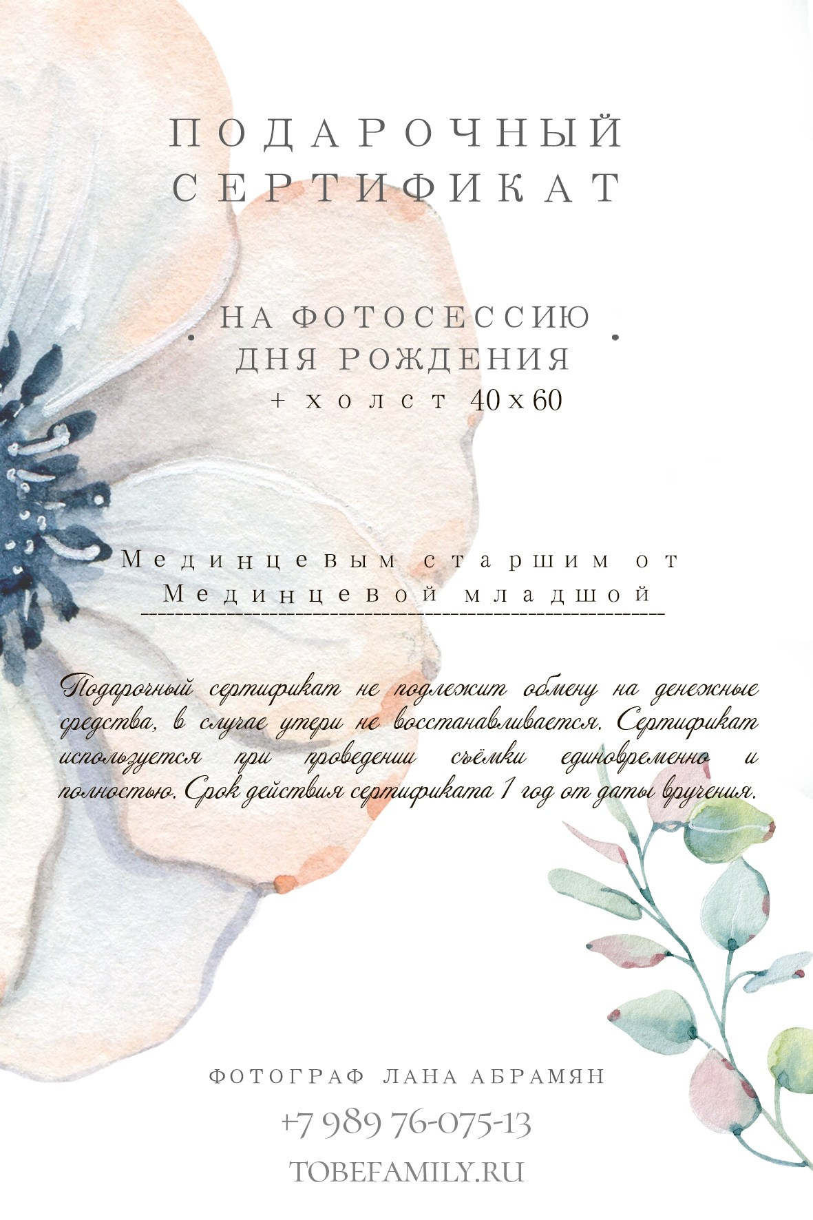 Подарочный сертификат. Лана Абрамян-Фотограф новорожденных и беременных в Новороссийске Анапе