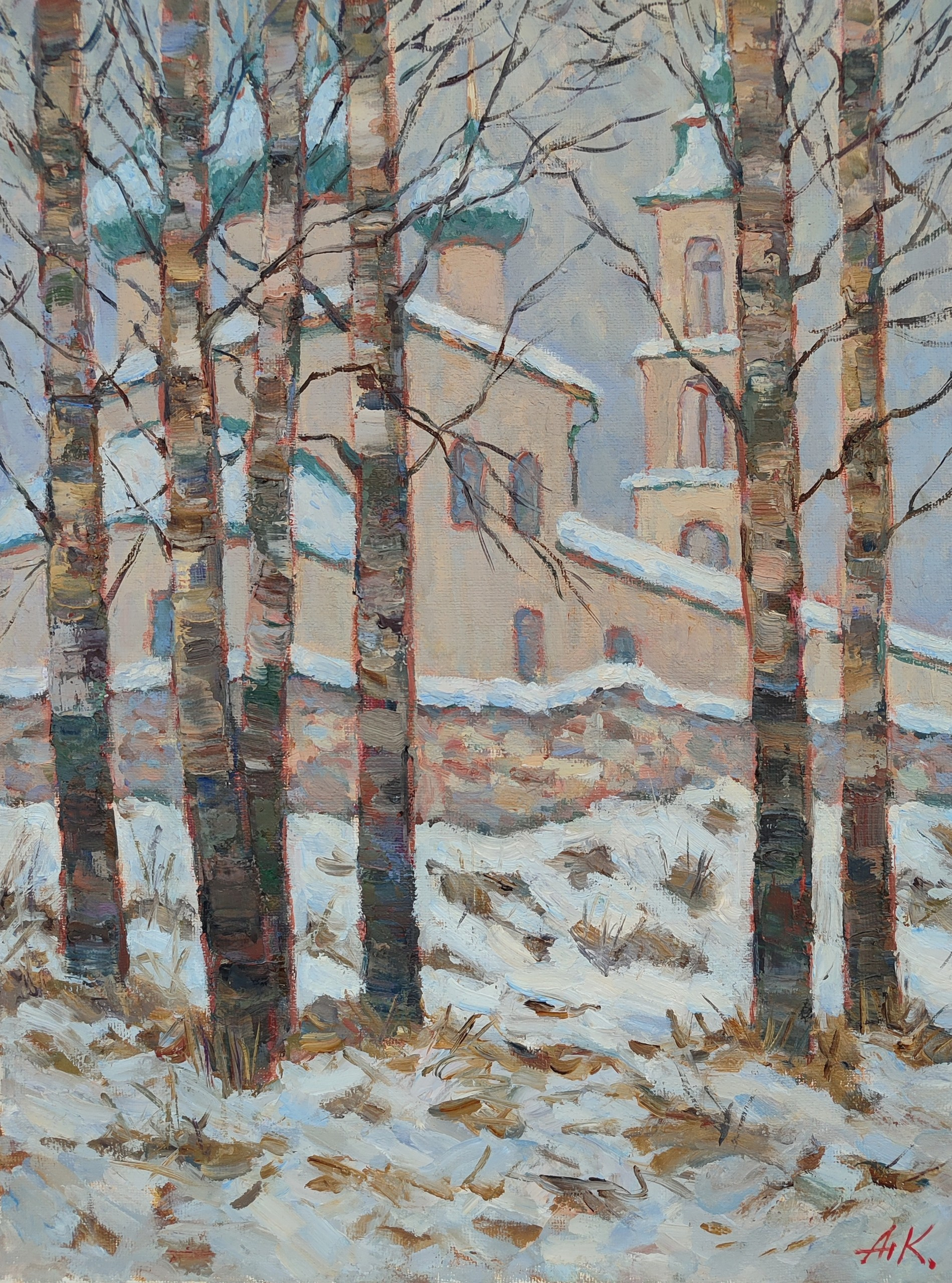 Зимний пейзаж с березами и русской церковью в снегу, картина маслом купить