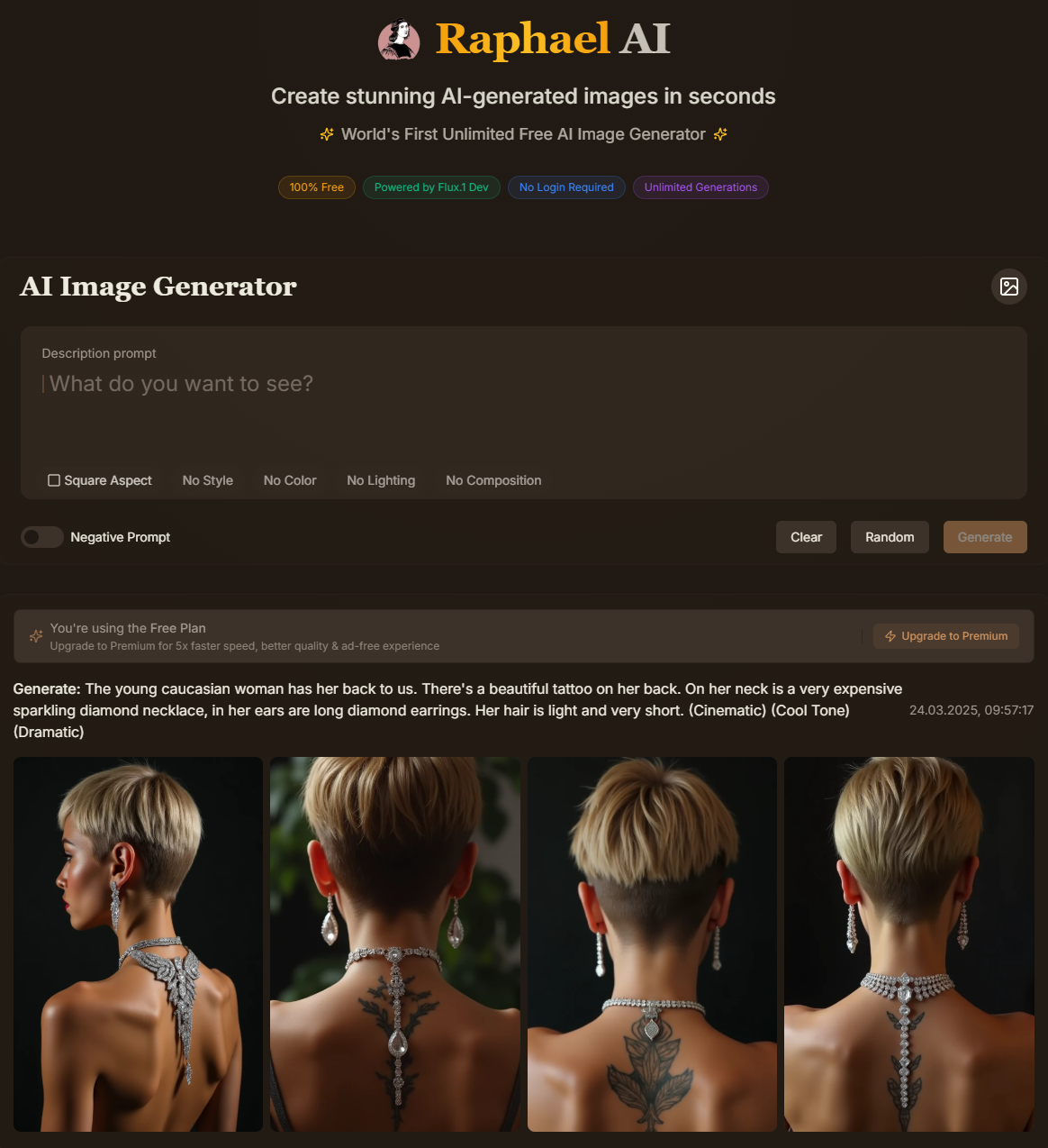 Скриншот интерфейса бесплатного сервиса Raphael, где можно в большом количестве генерировать изображения