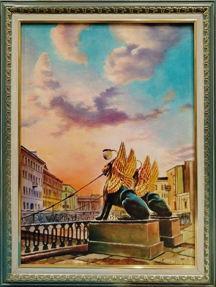 Город, виды Санкт-Петербурга, Банковский мост, грифоны