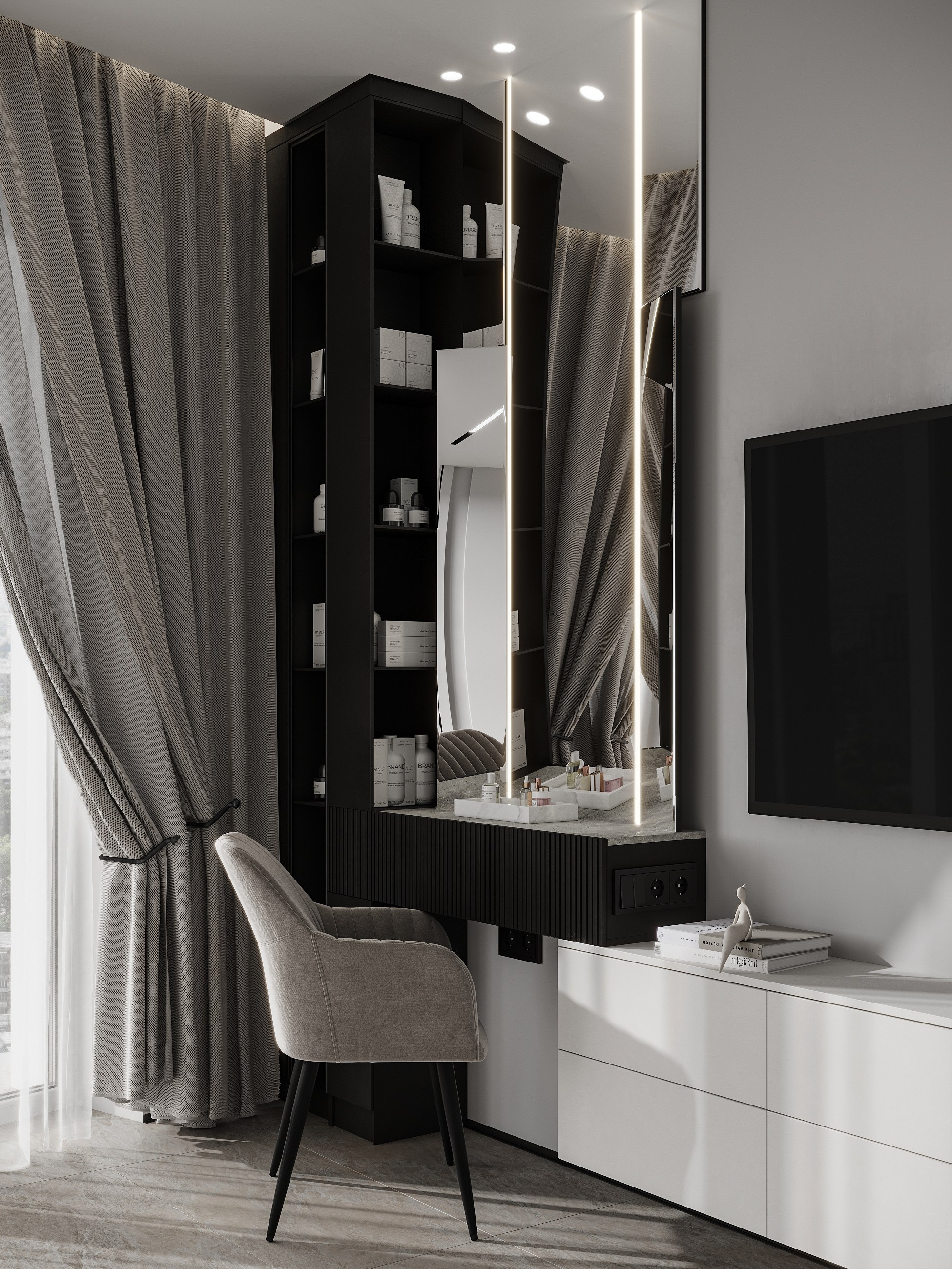 Идеальная зона для хозяйки квартиры. Туалетный стол, совмещенный с ТВ зоной. Зеркало настенное с поворотной системой