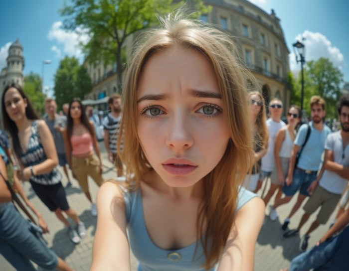 Изображение девушки, стоящей на улице, на которую все вокруг смотрят