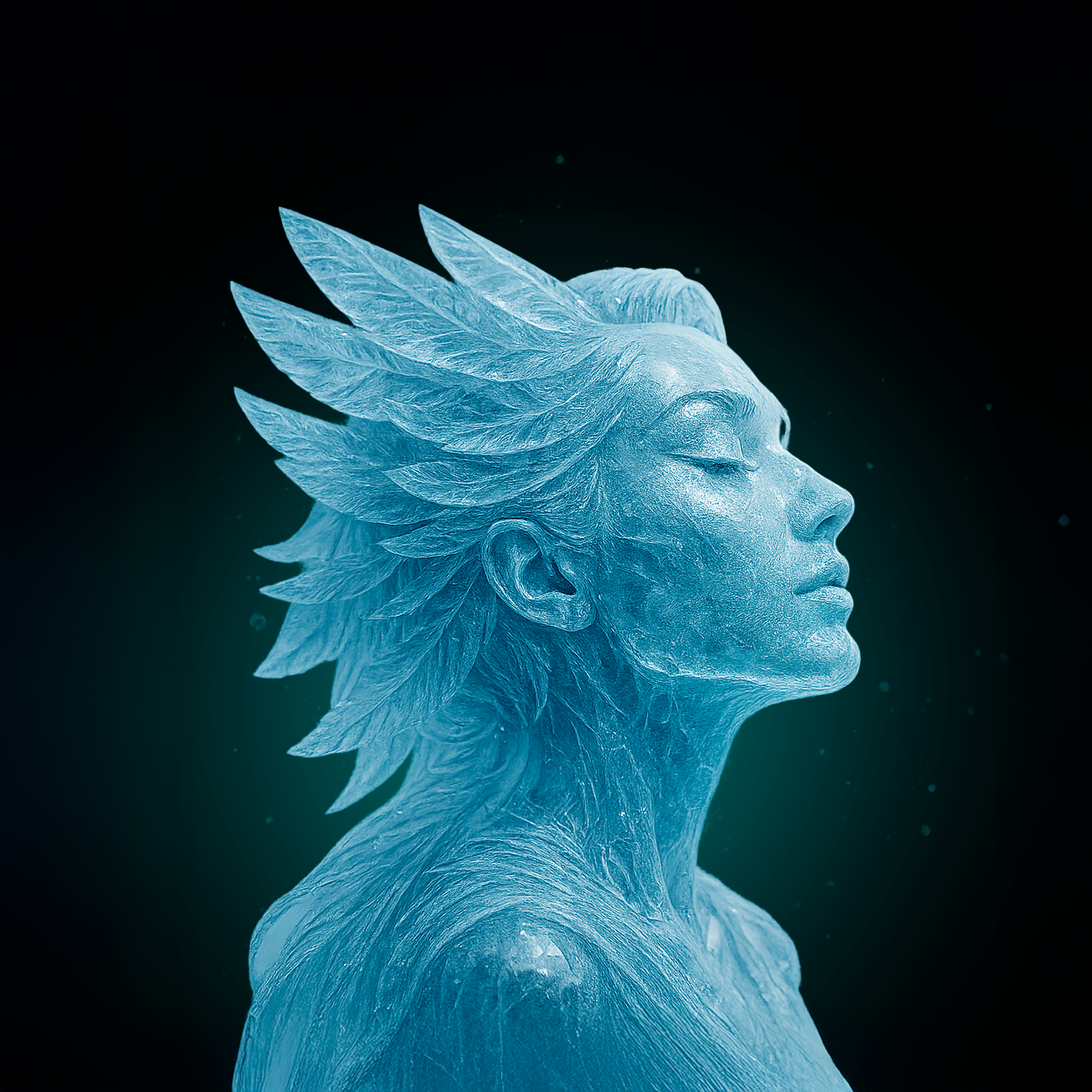 Ледяной портрет в профиль: фигура из прозрачного кристалла с «перьями» на холодном фоне