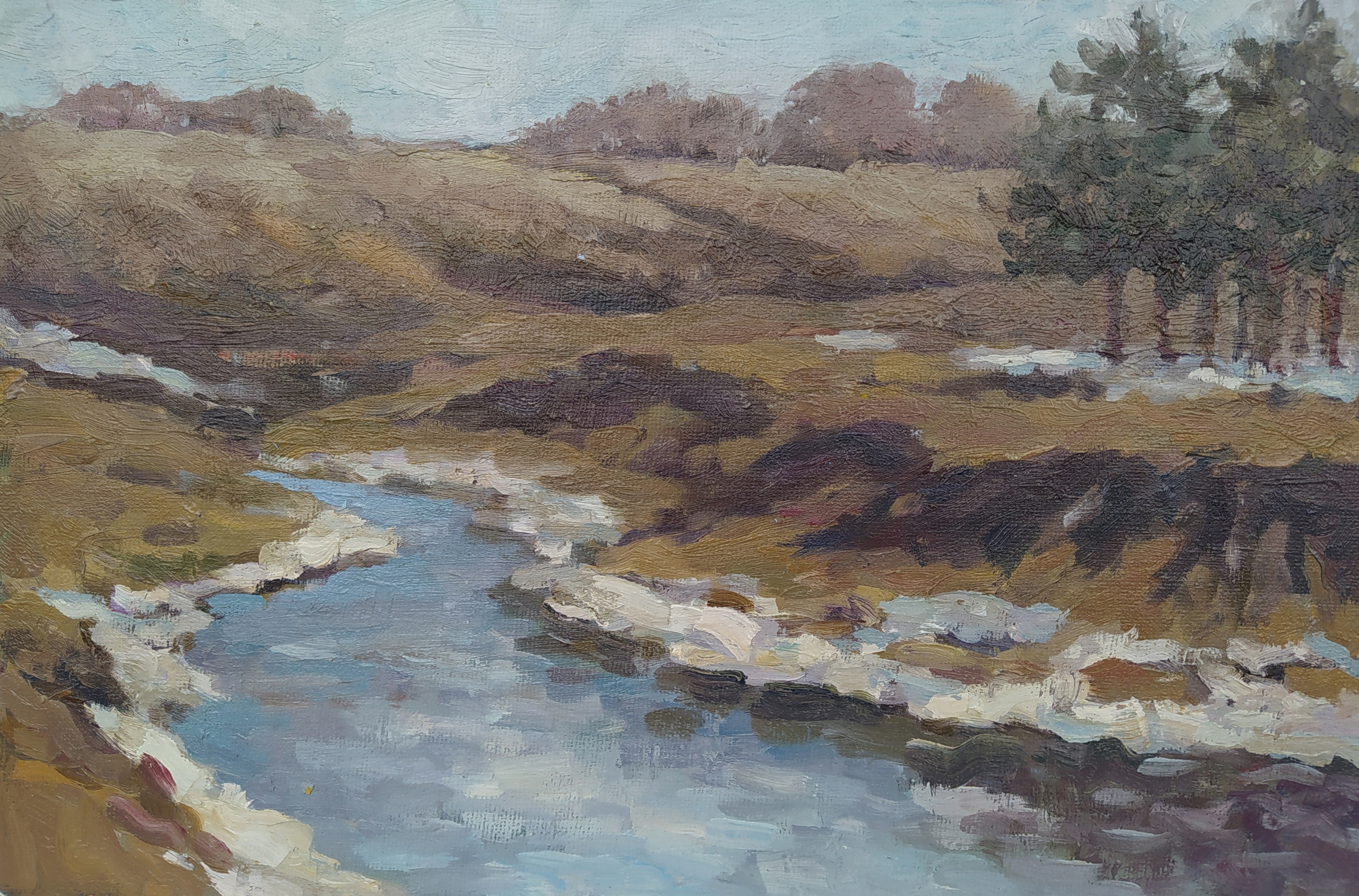 Мартовский пейзаж с растаявшей землей и голубой речкой , картина маслом купить