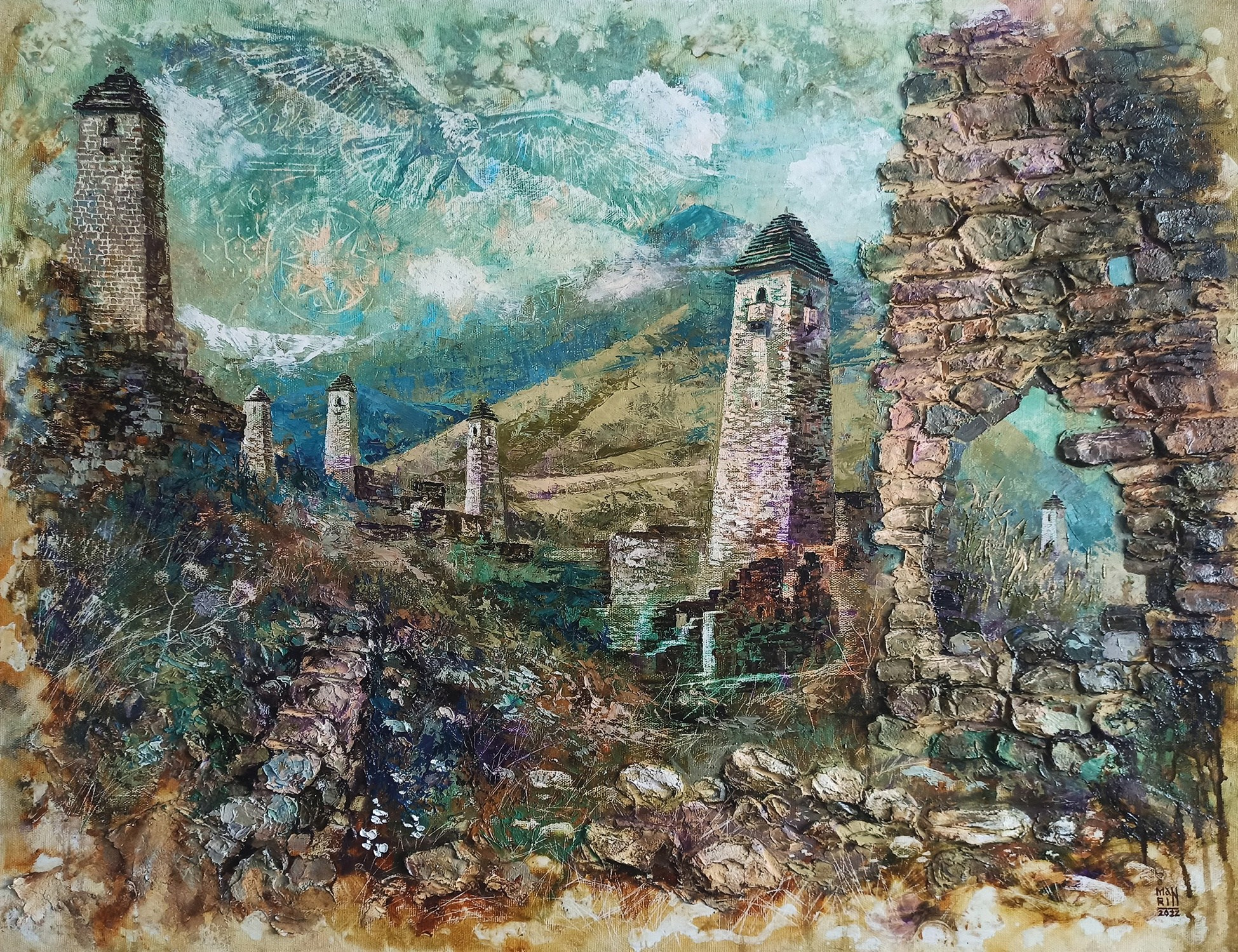 картины, интерьерные картины, картины маслом, масло, природа, живопись, город, усадьба, старина, ретро стиль, старинная усадьба, церковь, храм, объемная картина, солнце, Кавказ, Ингушетия, башенный комплекс, орел, картина с горами