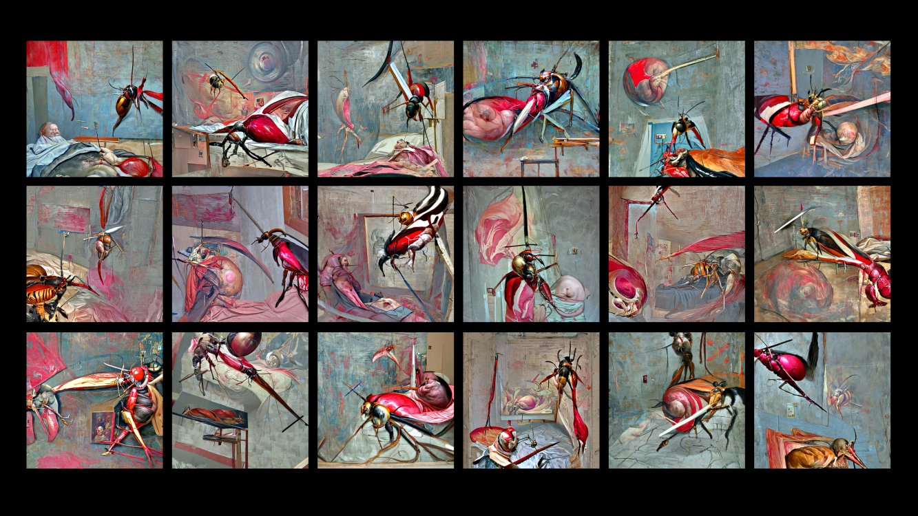 Изображение в движении, сгенерированное нейросетью Disco Diffusion v5 на основе цифровых моделей И. Босха и Ф. Бэкона