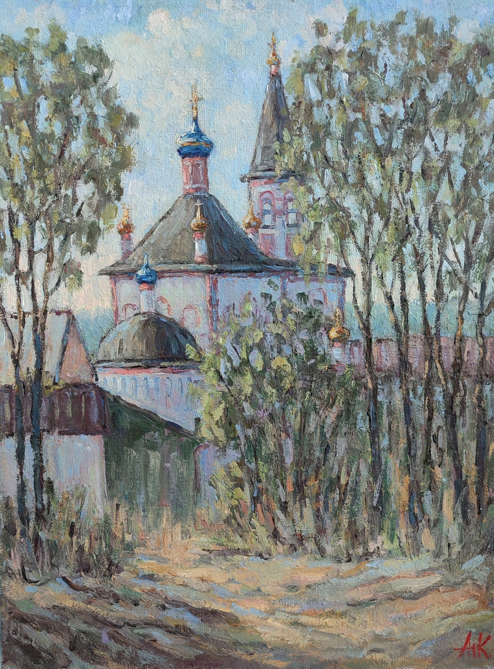 Картина маслом на холсте купить - Апрельский пейзаж в Переславле с церковью