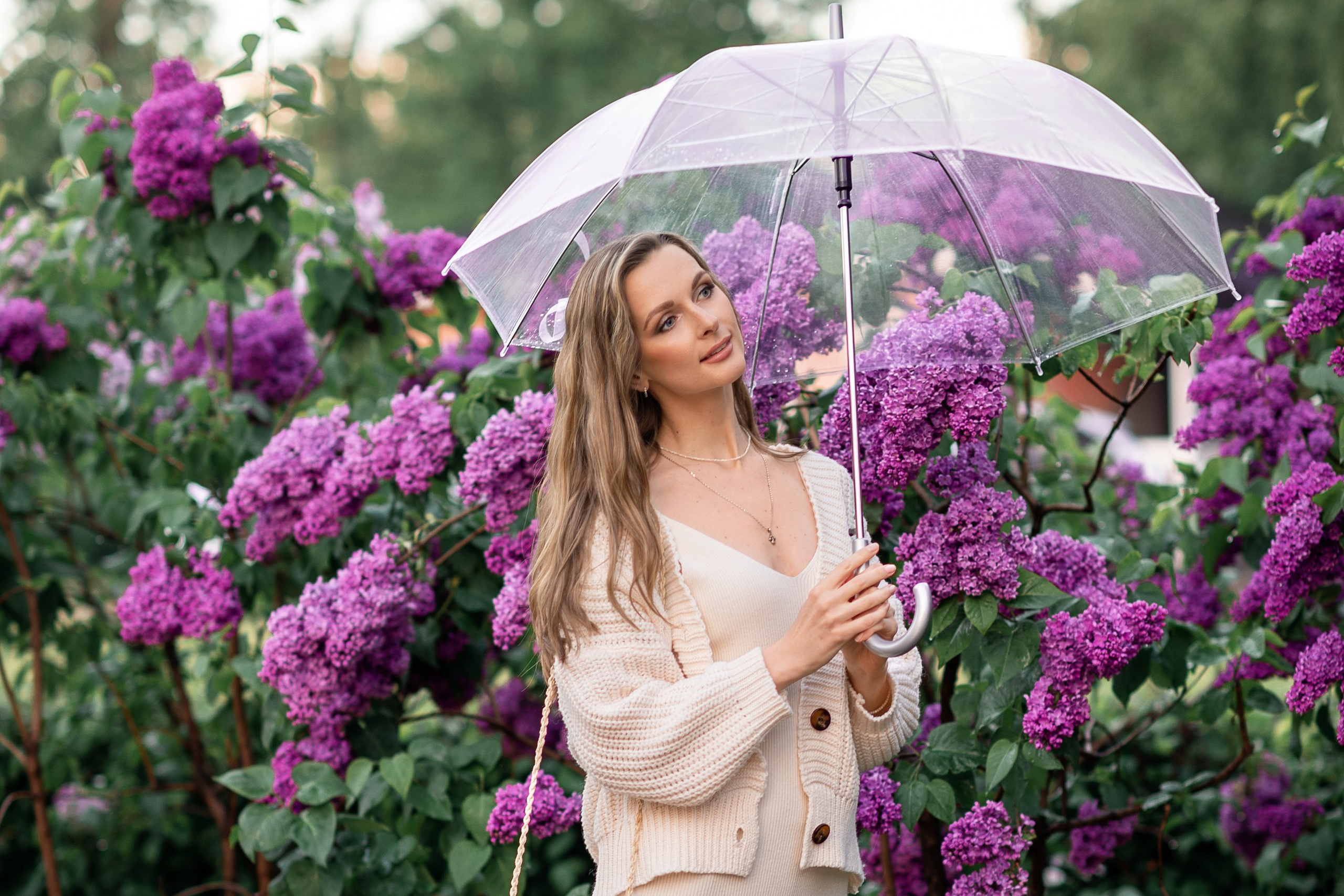 Красивая молодая девушка стоит в полный рост под прозрачным зонтом рядом с цветущими кустами сирени
