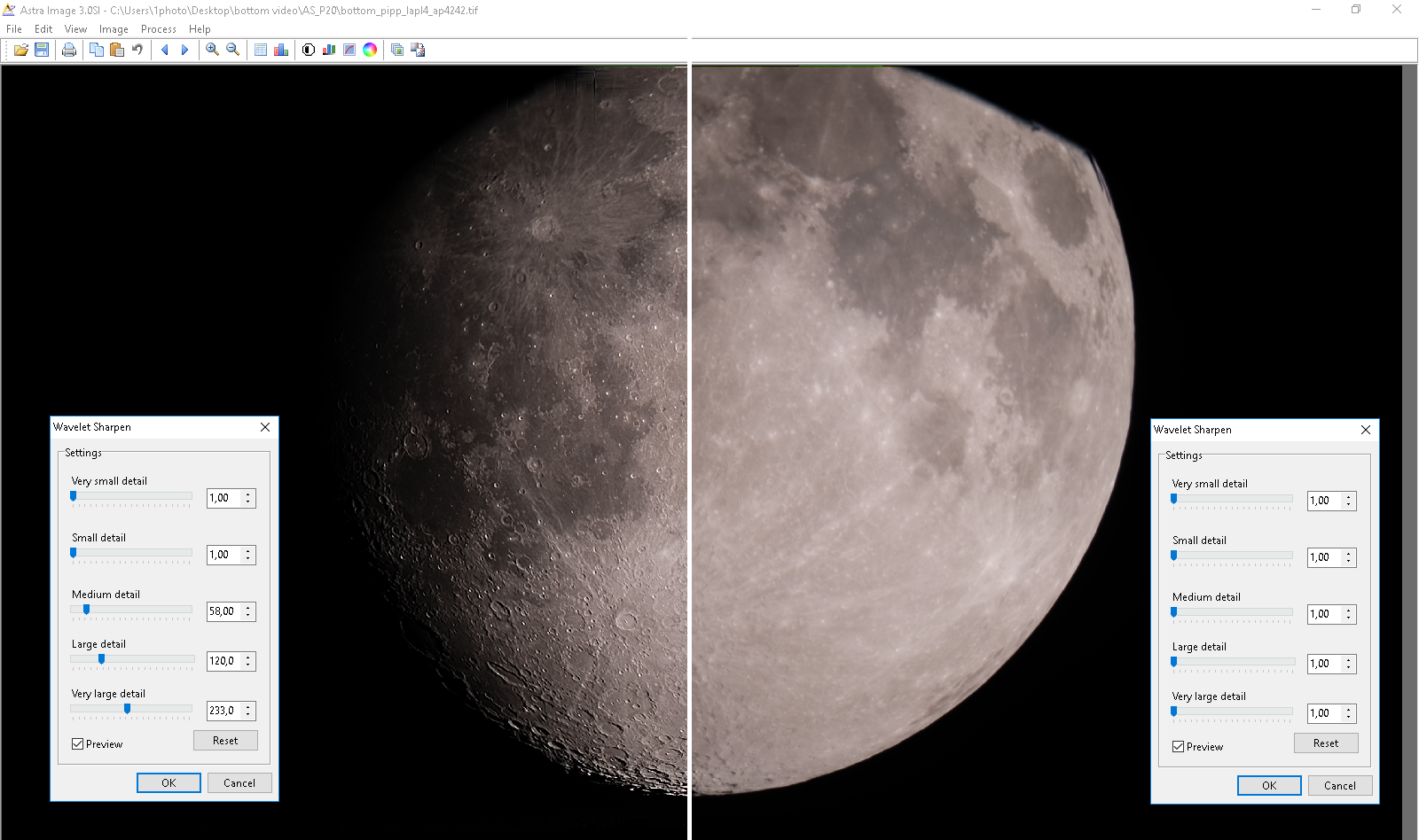 Сравнение детализации поверхности луны в Astra Image