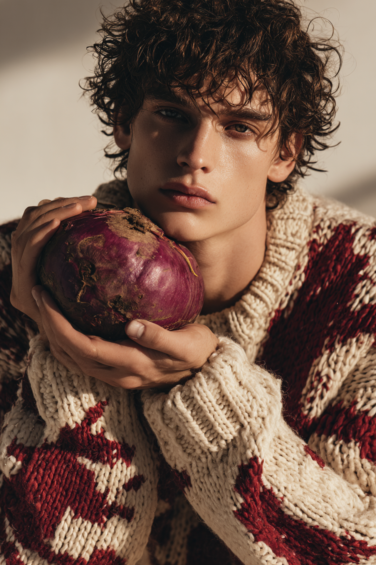 Осенняя коллекция для магазина одежды. Дано - фото свитера на вешалке. Создано - фото с моделью с полном образе, в студии и с реквизитом 