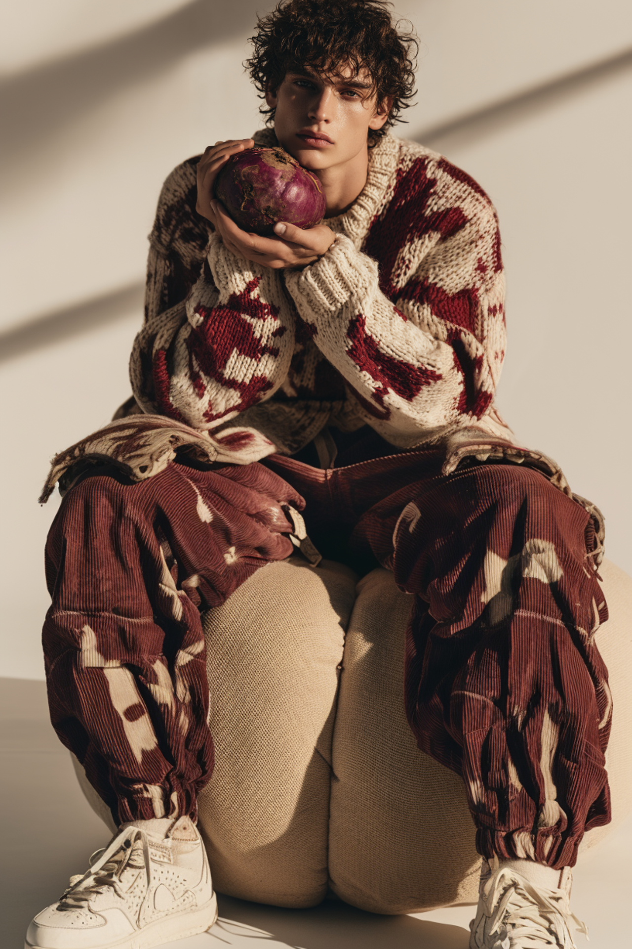 Осенняя коллекция для магазина одежды. Дано фото свитера на вешалке. Создано - фото с моделью с полном образе, в студии и с реквизитом 