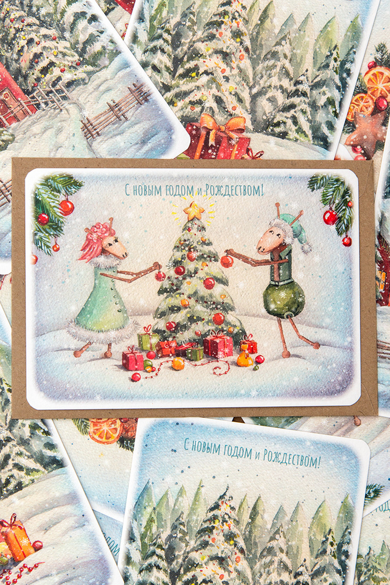 Новогодняя открытка «Ёлка» 5 штук с конвертами