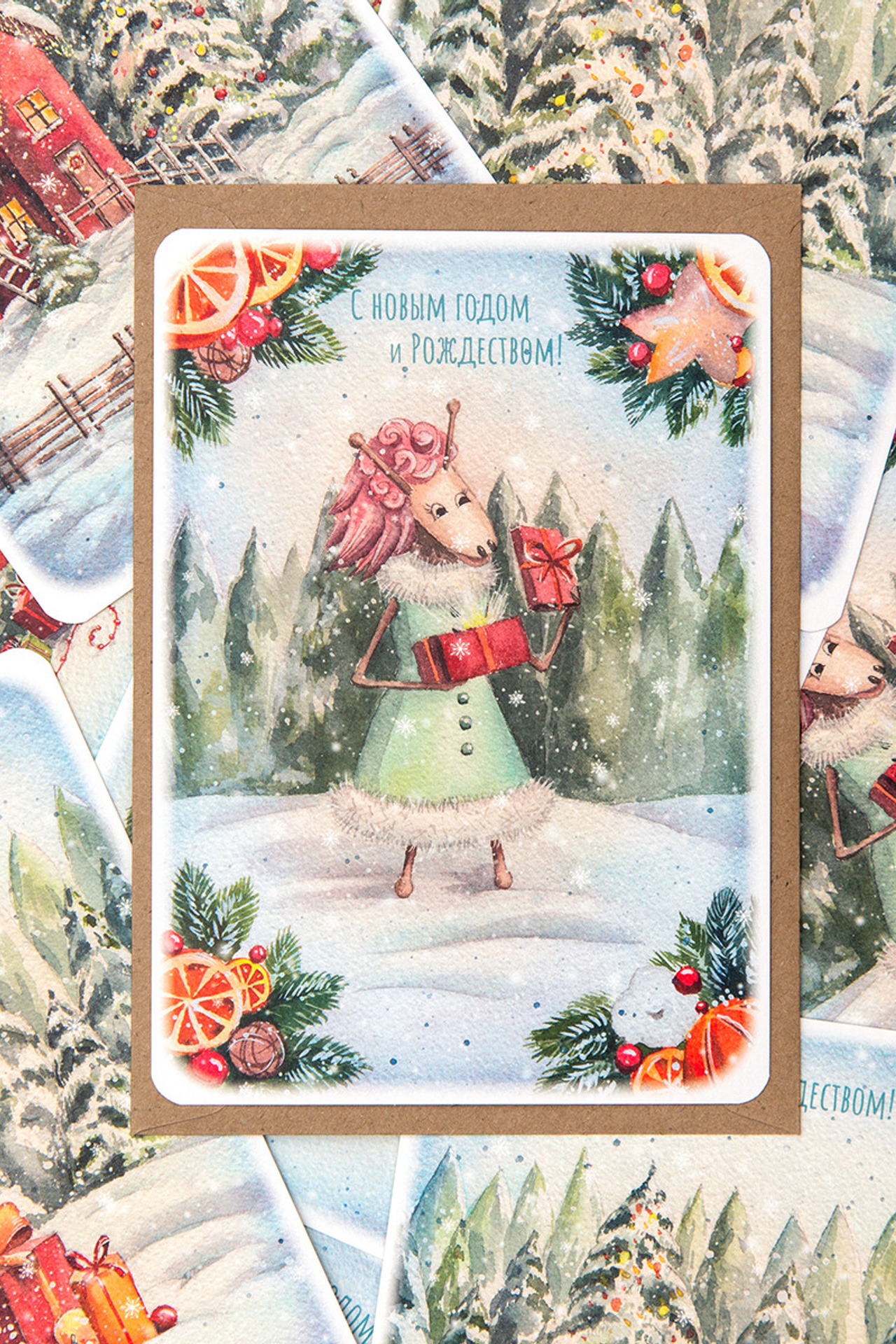 Новогодняя открытка «Барышня» 5 штук с конвертами