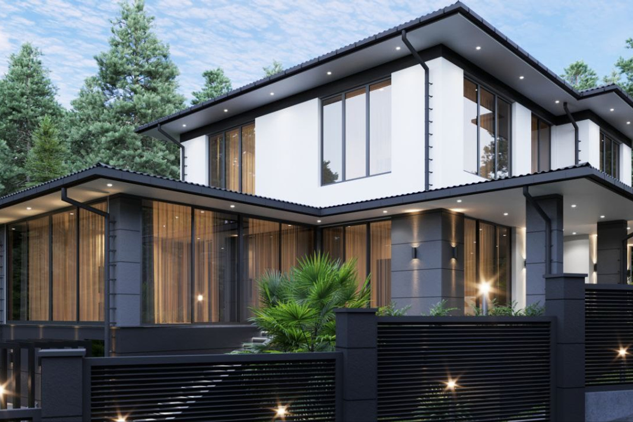 Проект дома с большими витражными окнами для ценителей изящных линий и современного дизайна.