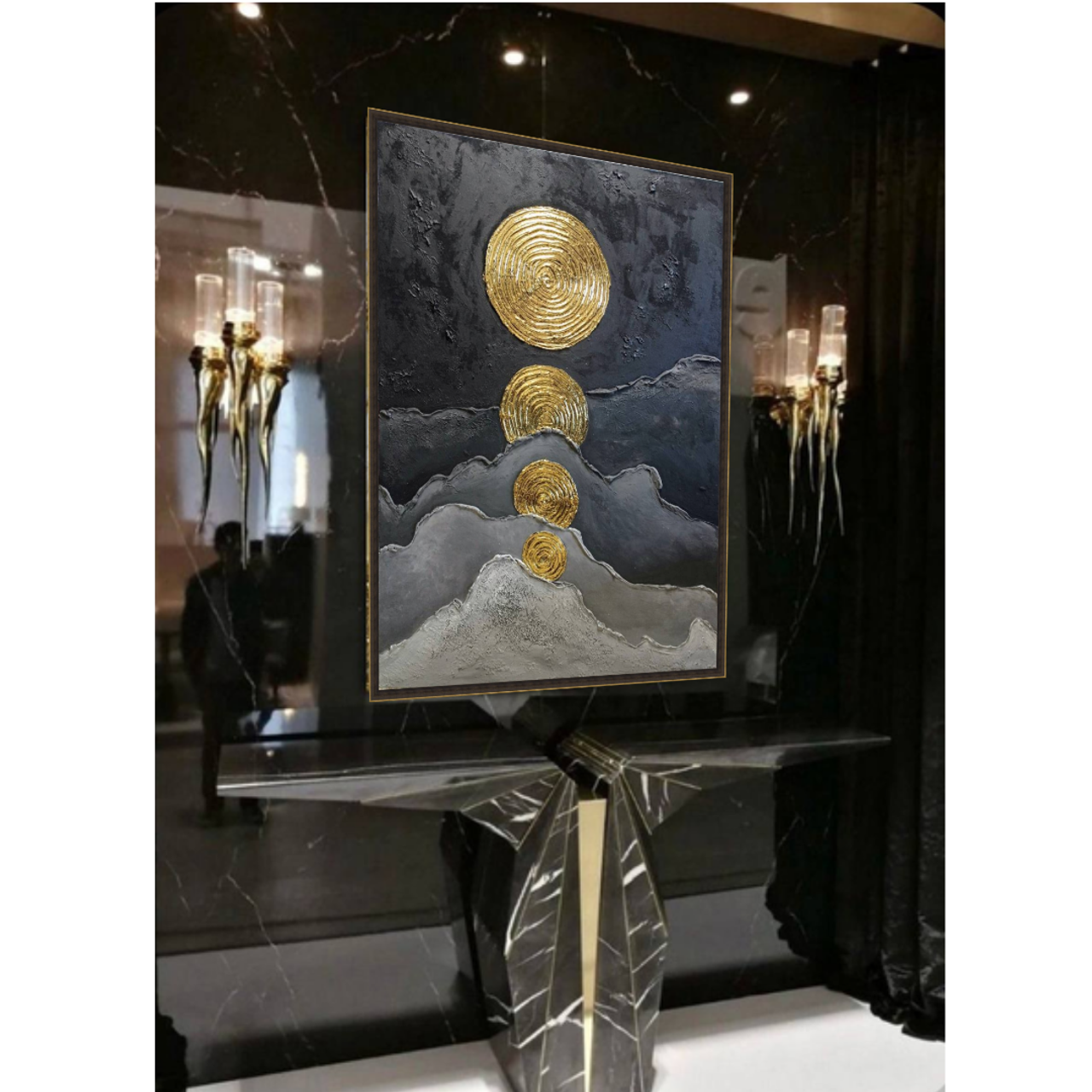 Современная картина в золотых, черных тонах для стильного интерьера. Купить premium art, интерьерные картины в интернет-магазине MONA