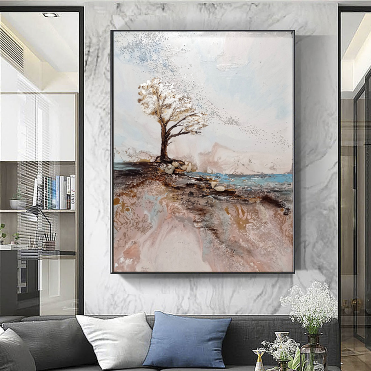 Интерьерная картина с деревом, морем, золотом и серебром. Купить premium art, интерьерные картины в интернет-магазине MONA