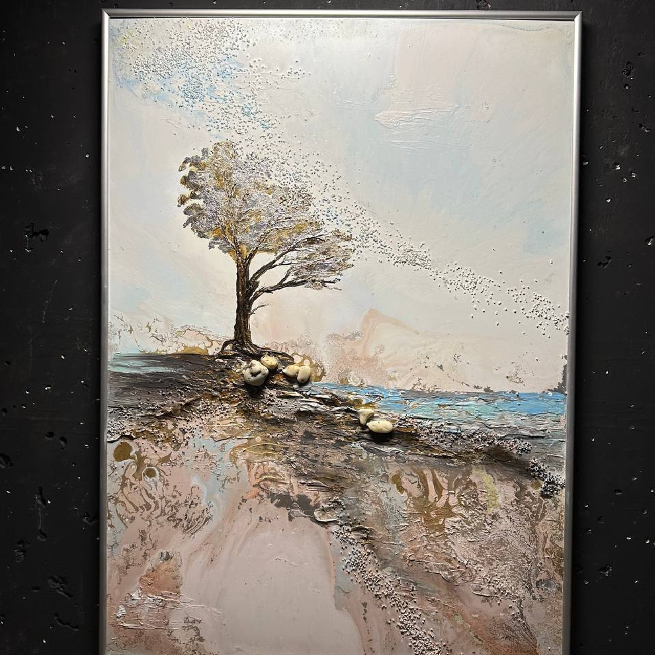 Интерьерная картина с деревом, морем, золотом и серебром. Купить premium art, интерьерные картины в интернет-магазине MONA