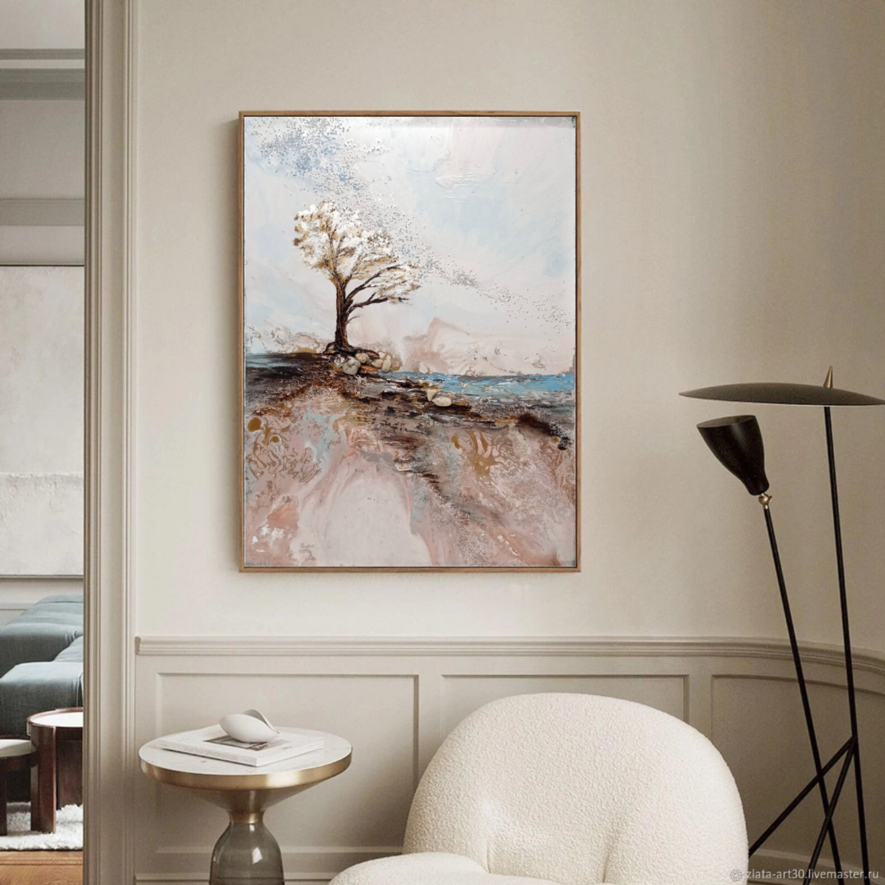 Интерьерная картина с деревом, морем, золотом и серебром. Купить premium art, интерьерные картины в интернет-магазине MONA
