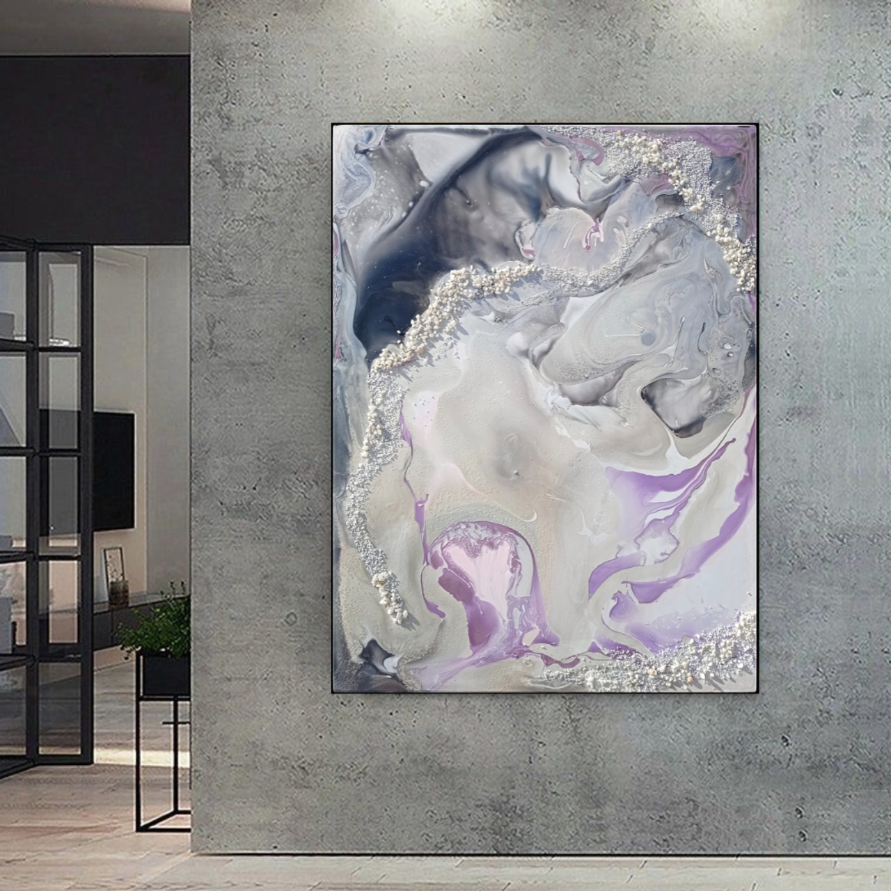 Абстрактная картина в серо-синих-фиолетовых оттенках в стильный дом. Купить premium art, интерьерные картины в интернет-магазине MONA