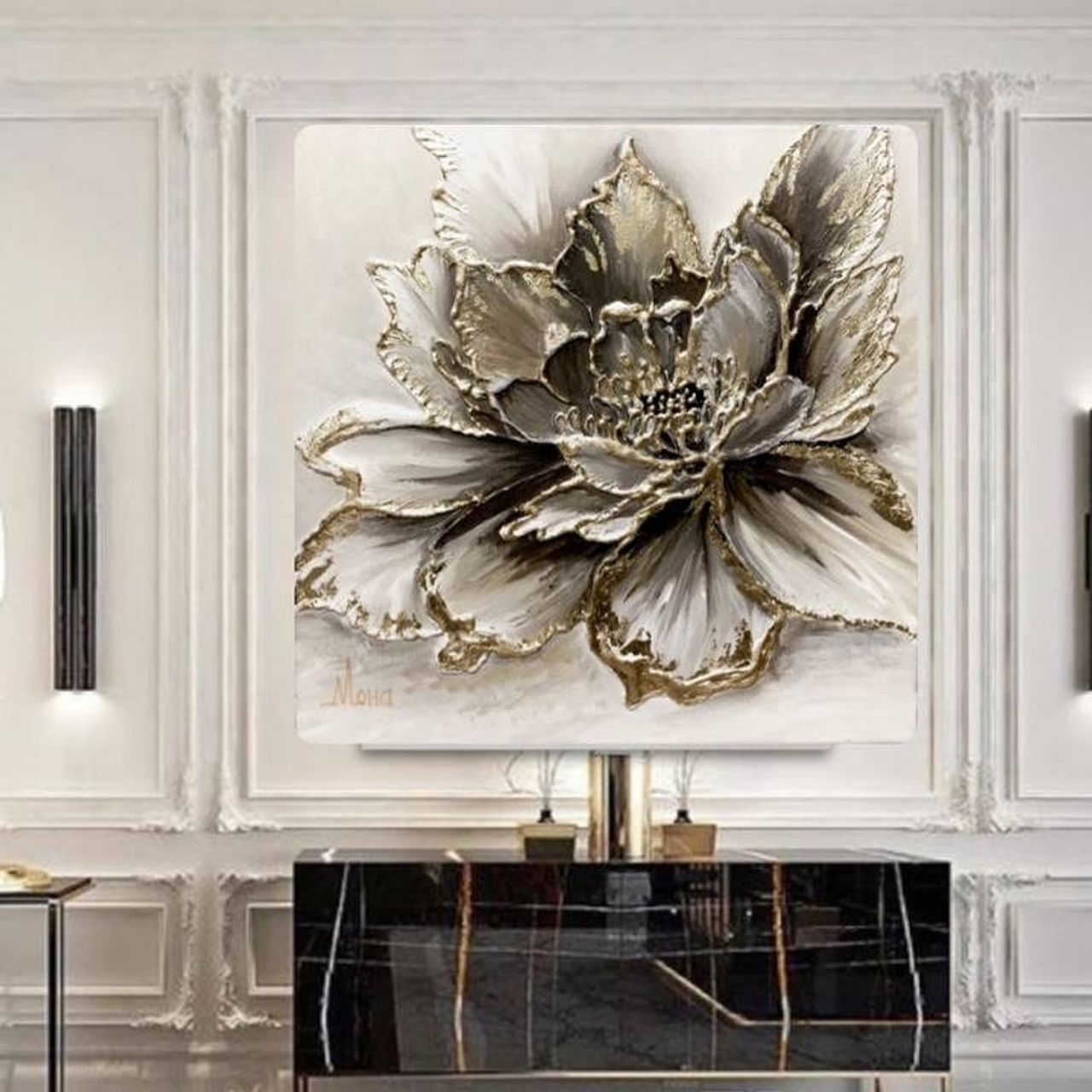Современная картина в золотых, белых тонах для стильного интерьера. Купить premium art, интерьерные картины в интернет-магазине MONA