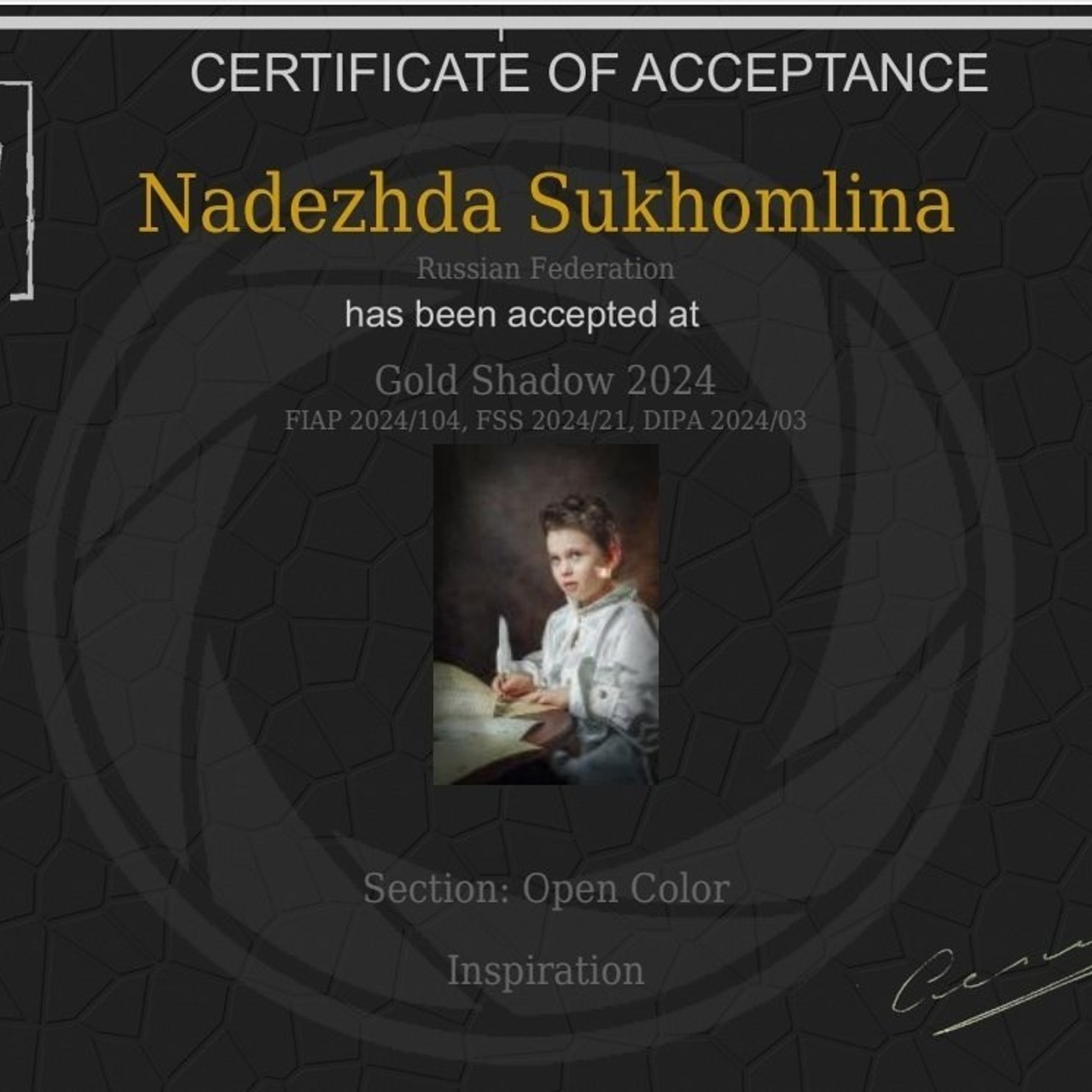 Сертификат Accepted с международного конкурса Gold Shadow 2024 ("Золотая тень")."Работы прошедшие в финал, получают статус “accepted” (признанные или принятые) и принимают участие в выставке конкурса или салона. Часть из них публикуется в каталоге конкурса. По статистике, в финал проходят порядка 5-7 % присланных на конкурс работ" (справка "ИФО -ФОТО")