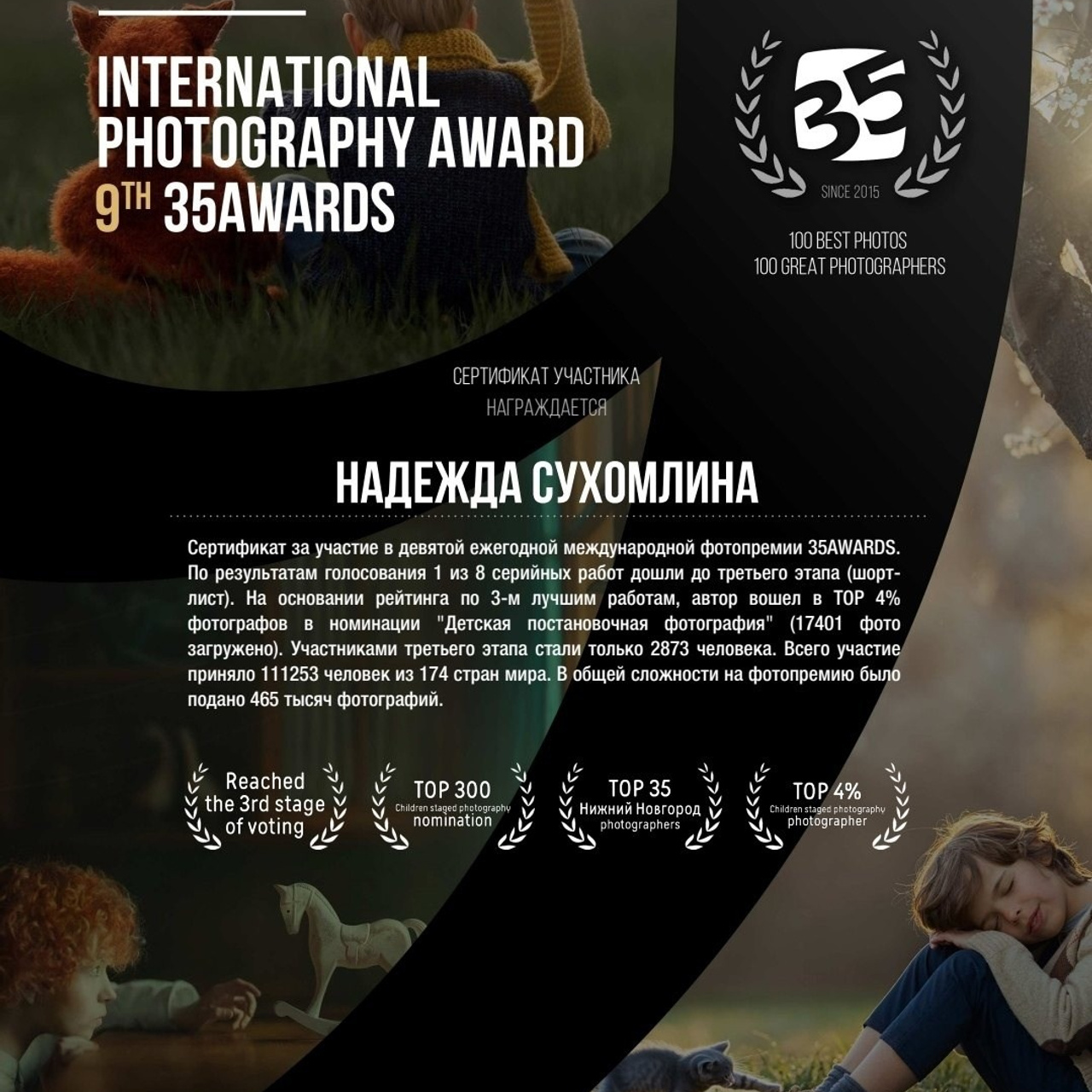 Результат фотопремии 9TH 35AWARDS (крупная международная премия, основанная в 2015 году). На международном уровне:  В ТОП 300 лучших фотографов мира в номинации детская постановочная фотография. В ТОП 150 лучших фото работ мира в номинации детская постановочная фотография. На уровне нашей страны России: В ТОП 300 лучших фотографий России (учитываются все номинации).  На уровне региона (Нижний Новгород + область) В ТОП 30 лучших фотографов. В ТОП 35 лучших фото работ.