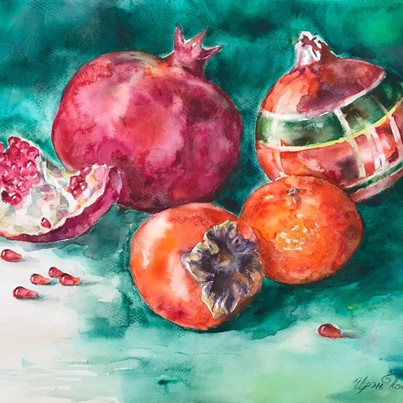 "Holiday", watercolor by Irene Postolnaya, fruits, pomegranates, persimmons