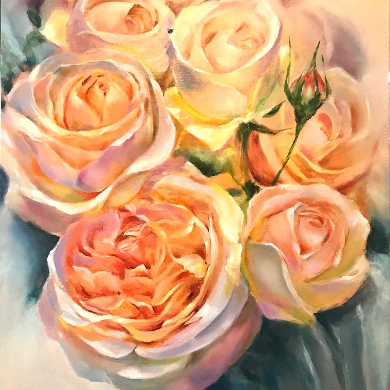 Английские розы - интерьерная картина, написана на заказ, холст, масло, 100 см х80 см, в частной коллекции