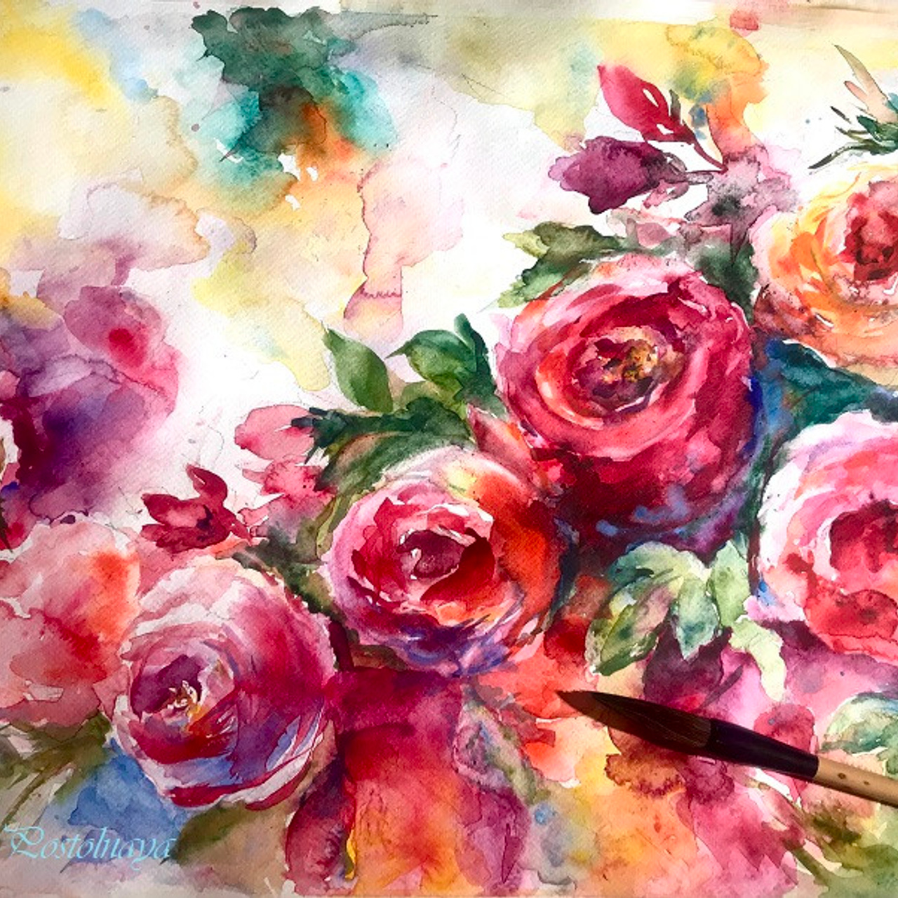 Scarlet Roses, painting by Irene Postolnaya for sale